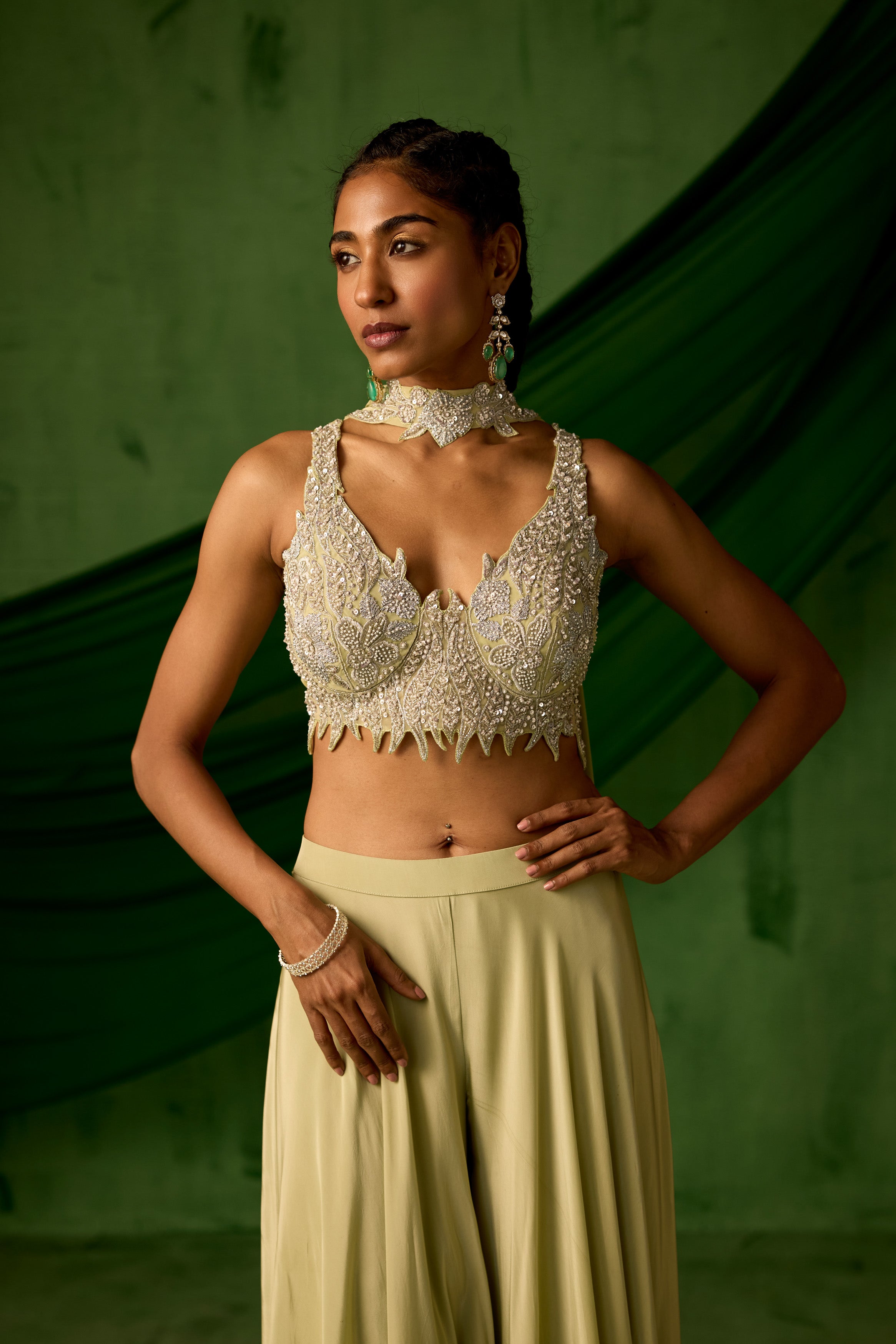 Soft Green Embellished Satin Silk Palazzo Set