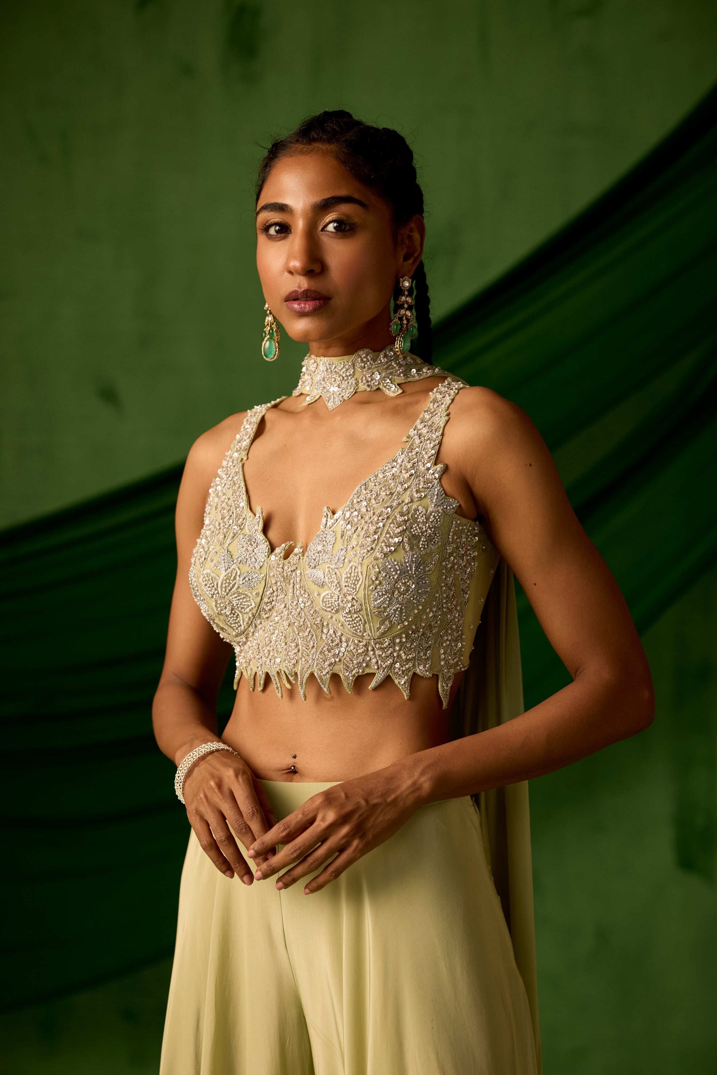 Soft Green Embellished Satin Silk Palazzo Set