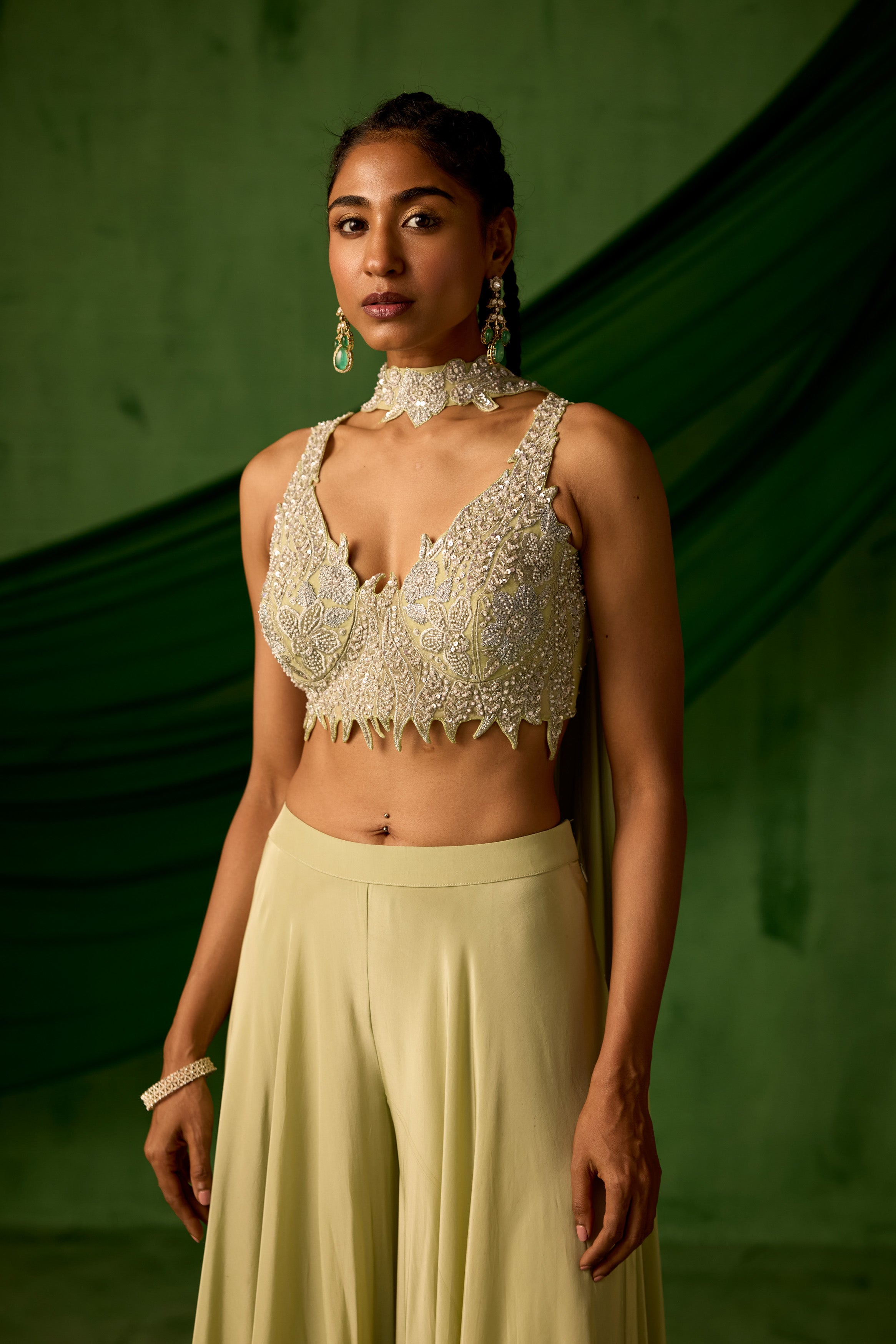 Soft Green Embellished Satin Silk Palazzo Set