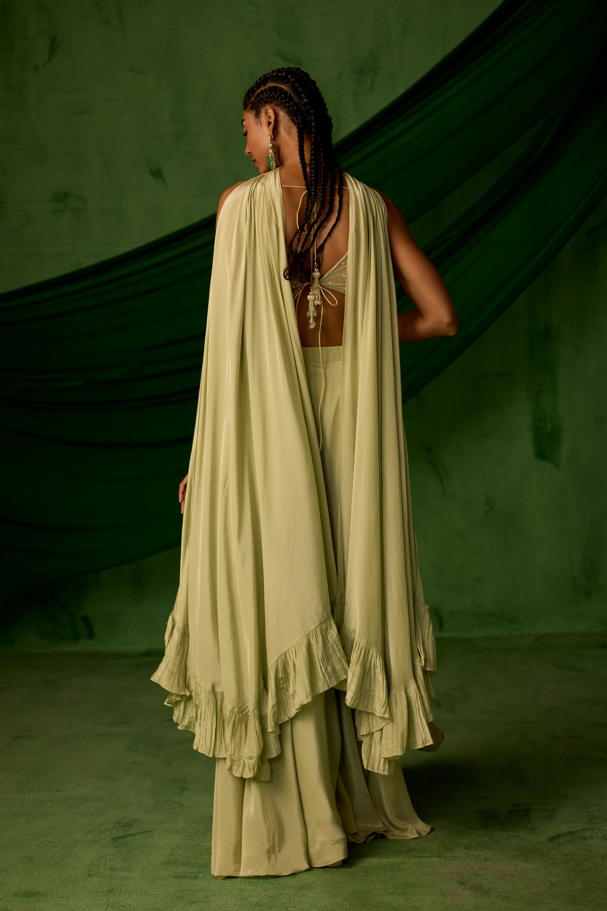 Soft Green Embellished Satin Silk Palazzo Set