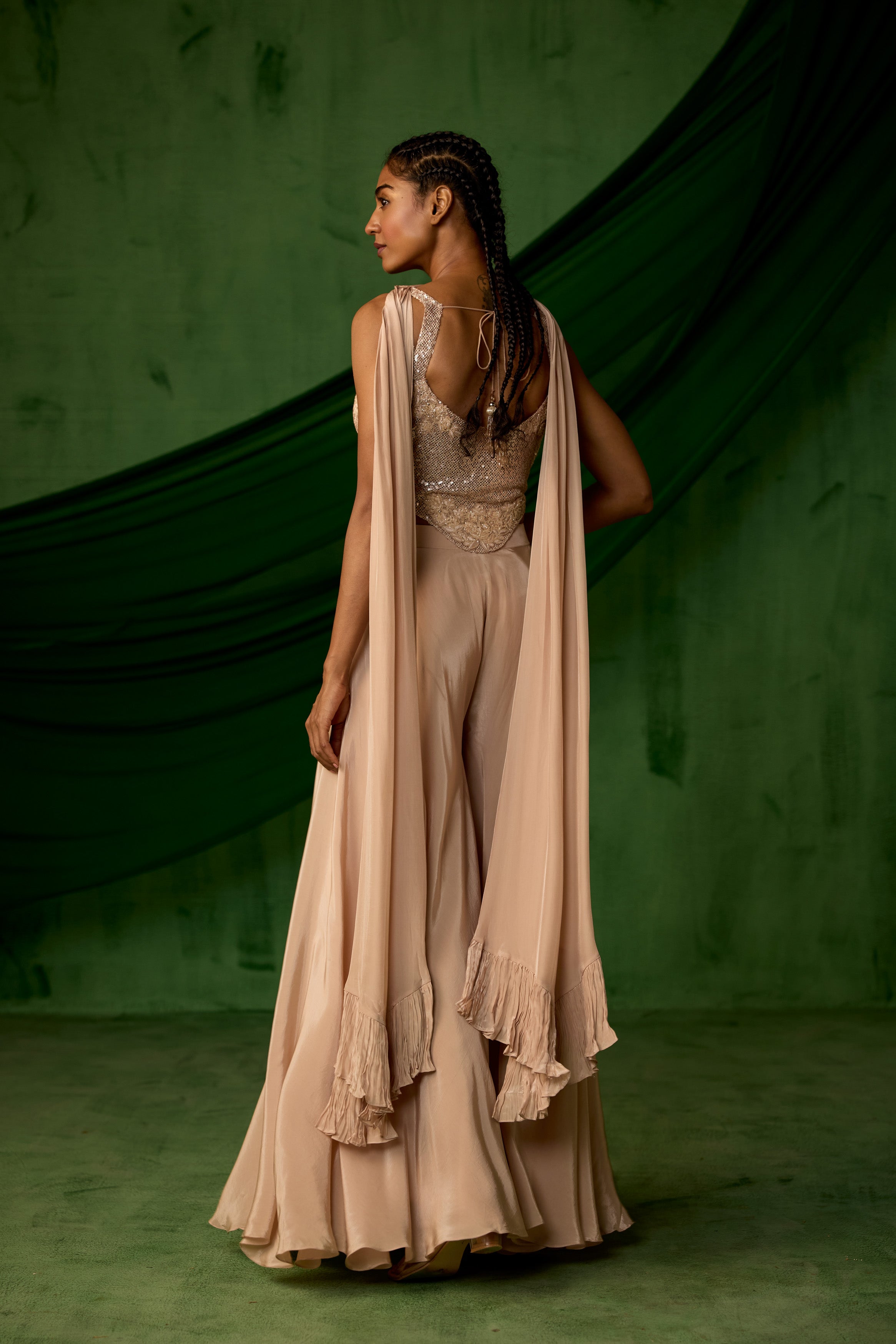 Nude Beige Embellished Satin Silk Sharara Set