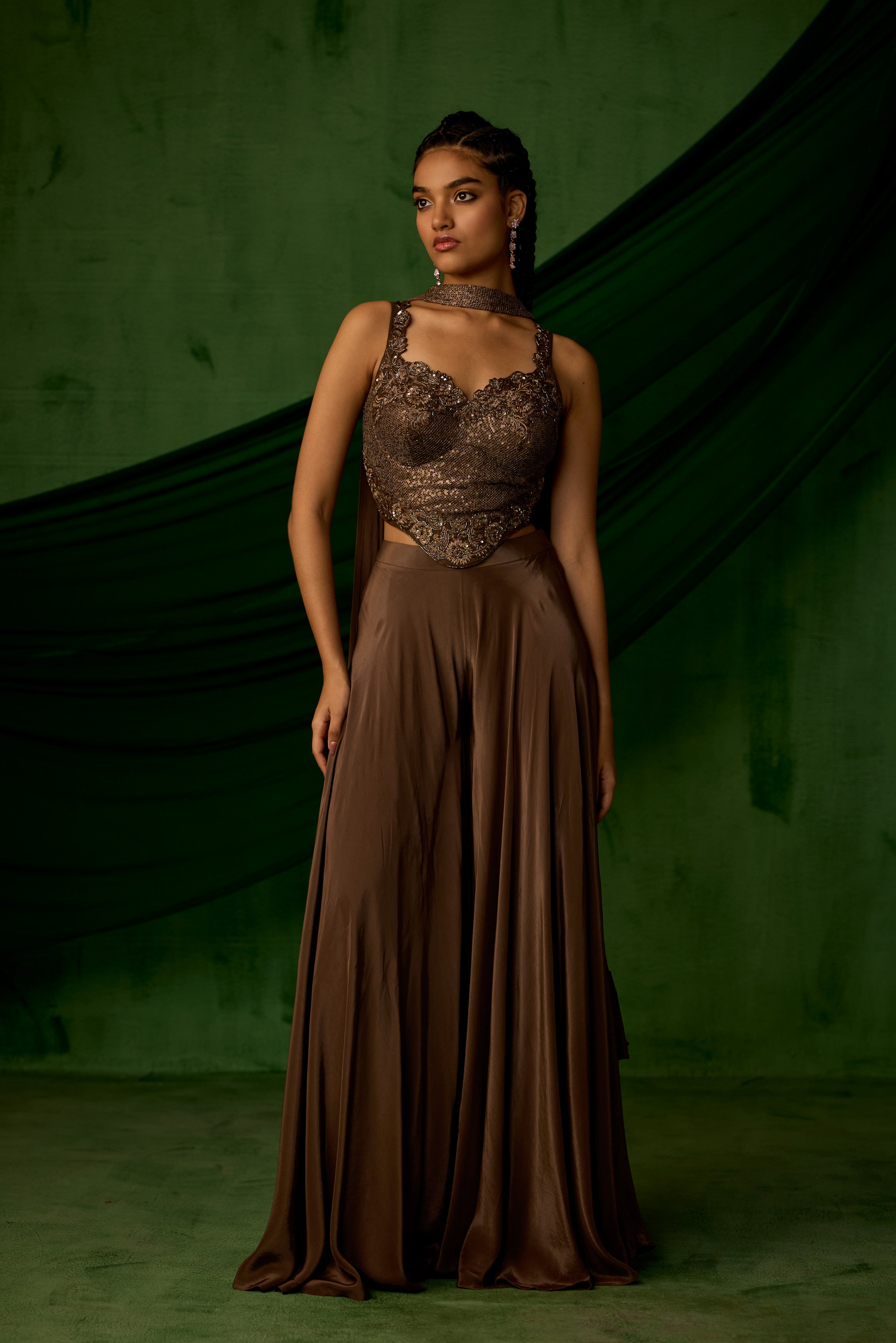 Copper Brown Embellished Satin Silk Sharara Set