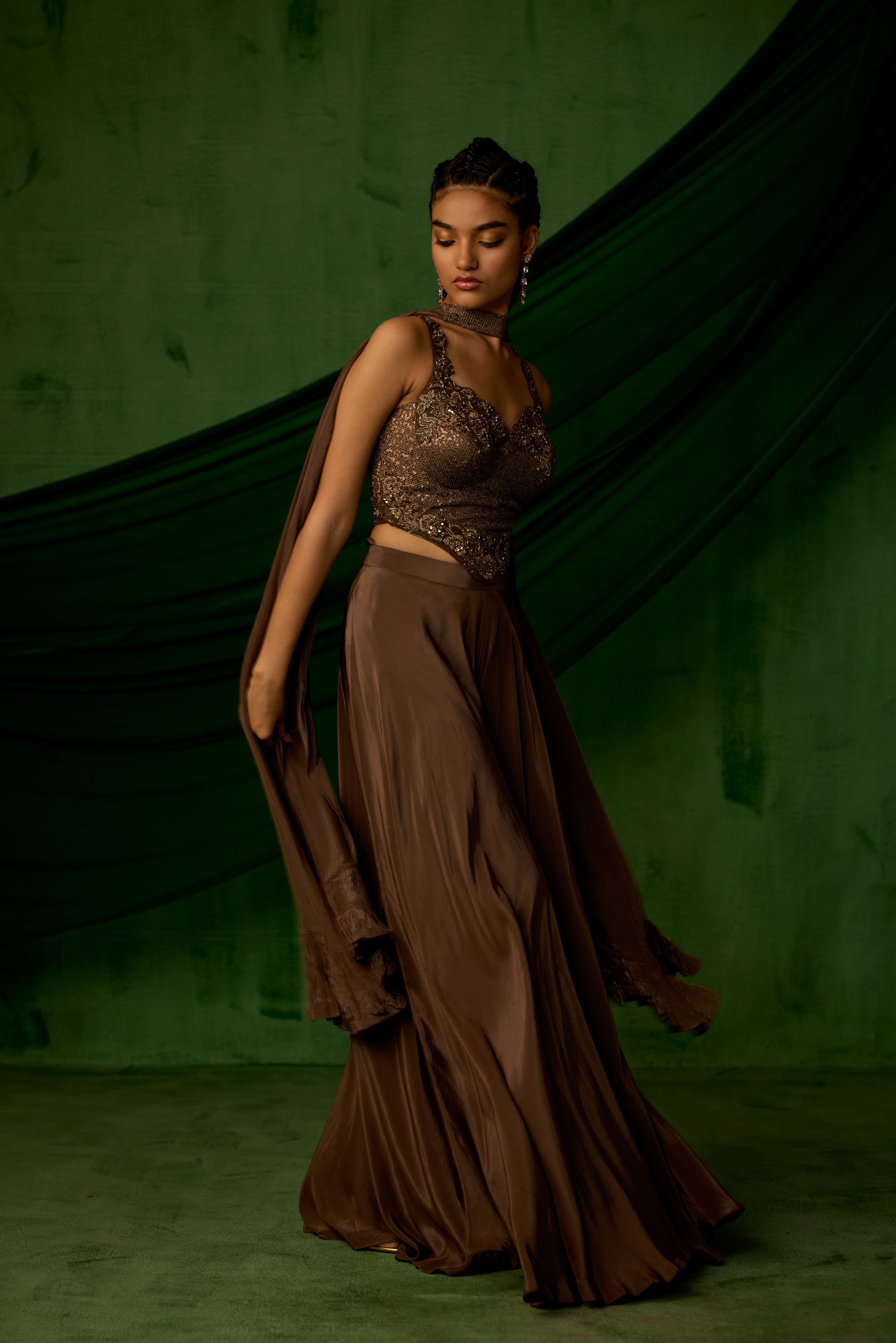 Copper Brown Embellished Satin Silk Sharara Set