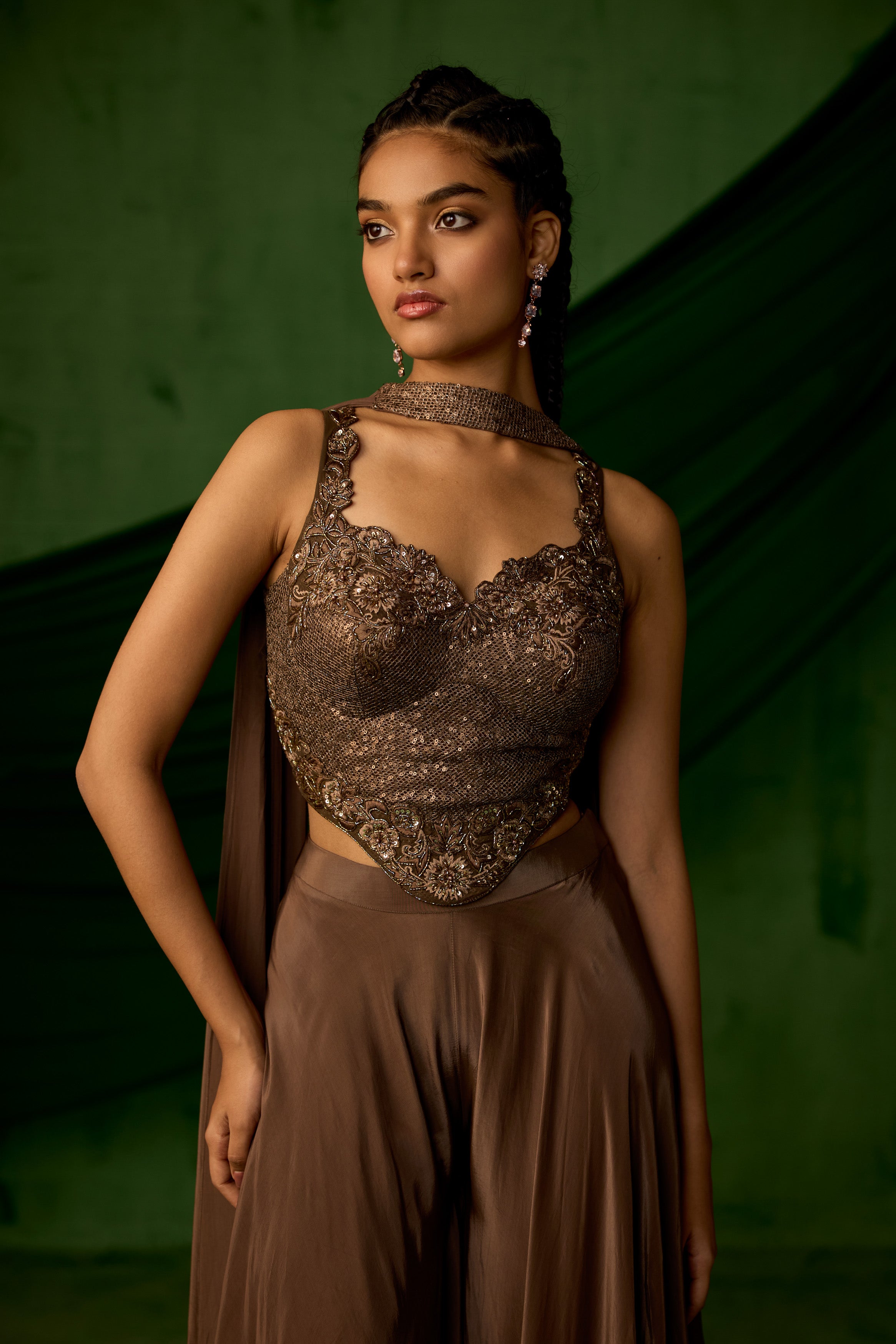 Copper Brown Embellished Satin Silk Sharara Set