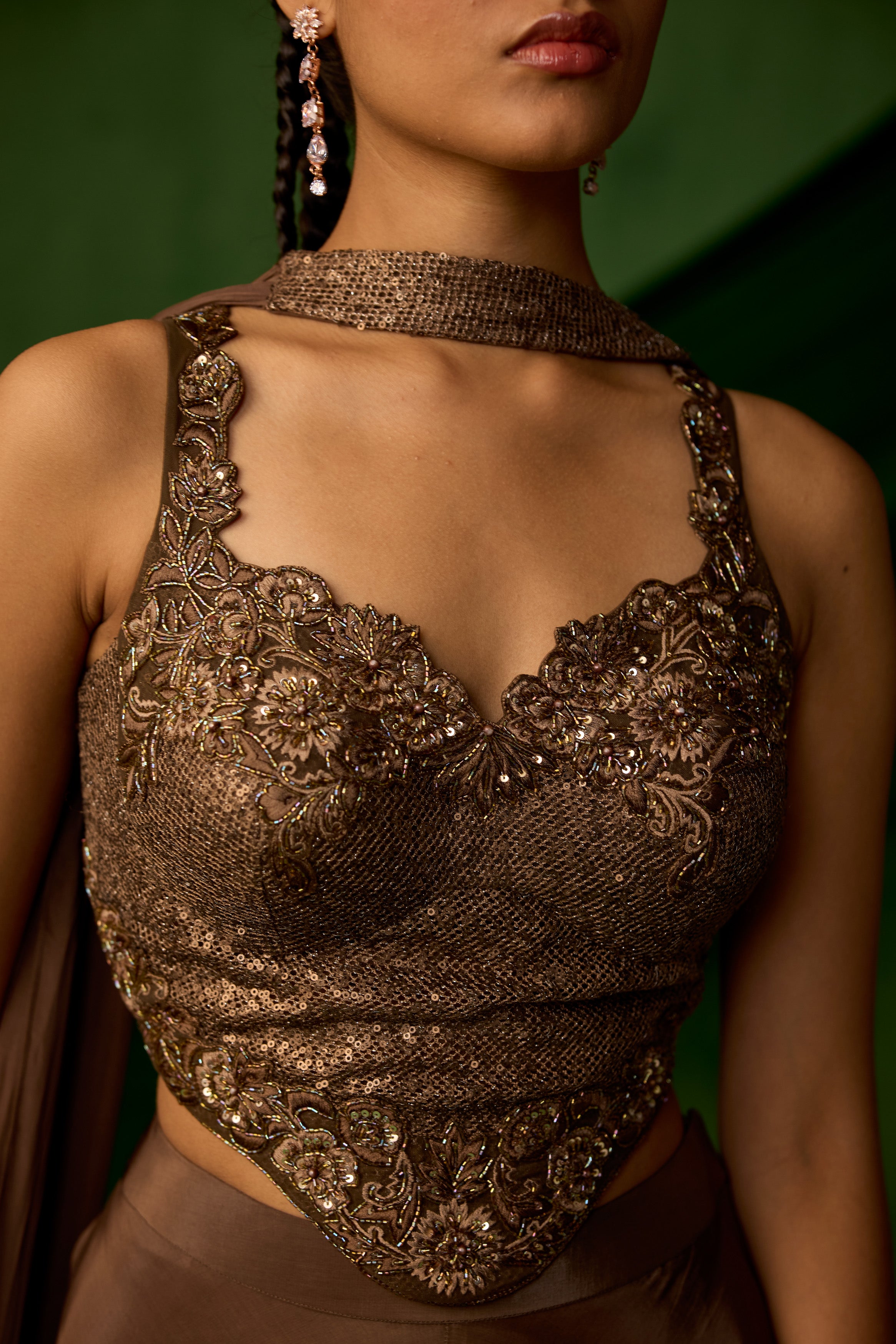 Copper Brown Embellished Satin Silk Sharara Set