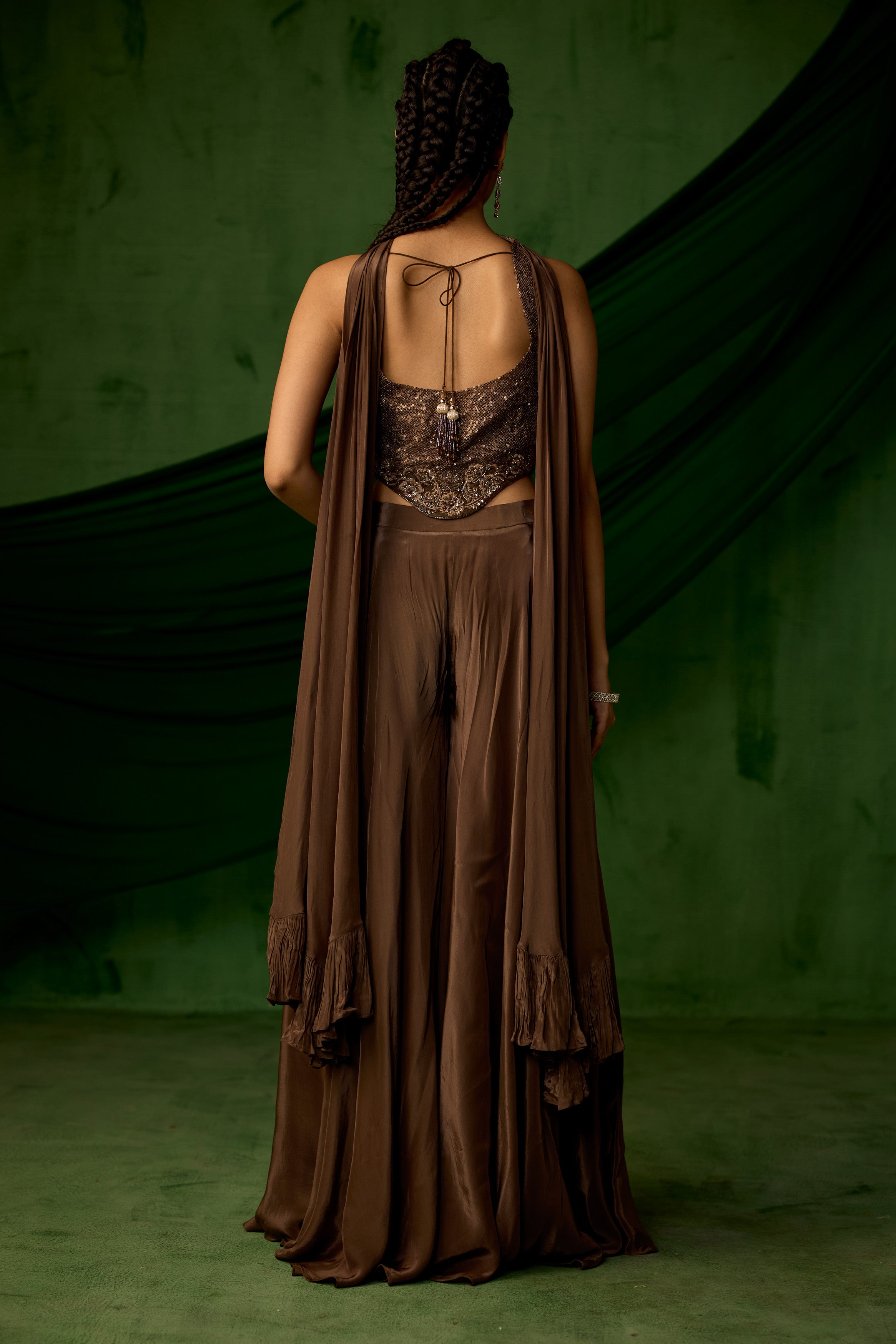 Copper Brown Embellished Satin Silk Sharara Set