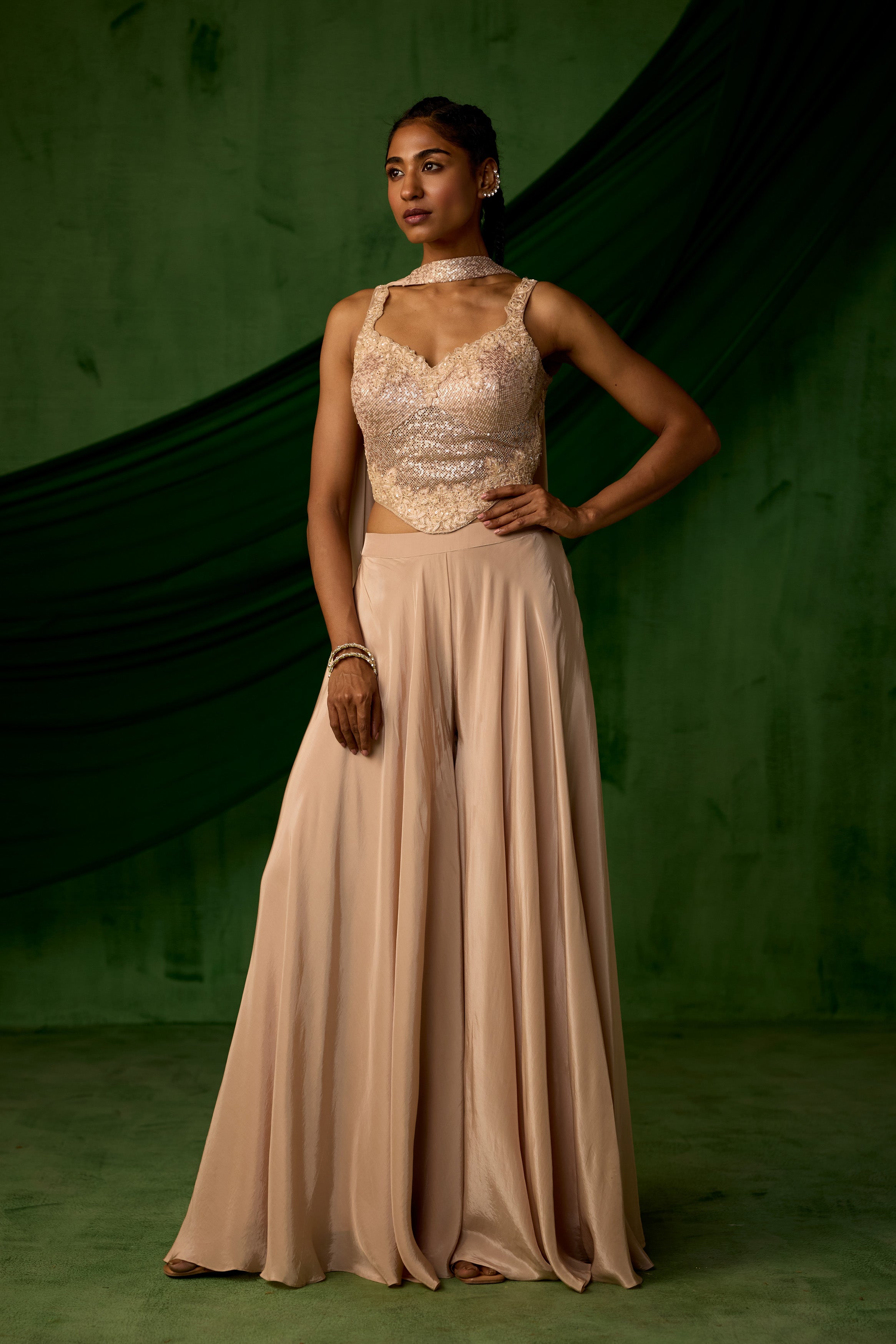 Nude Beige Embellished Satin Silk Sharara Set