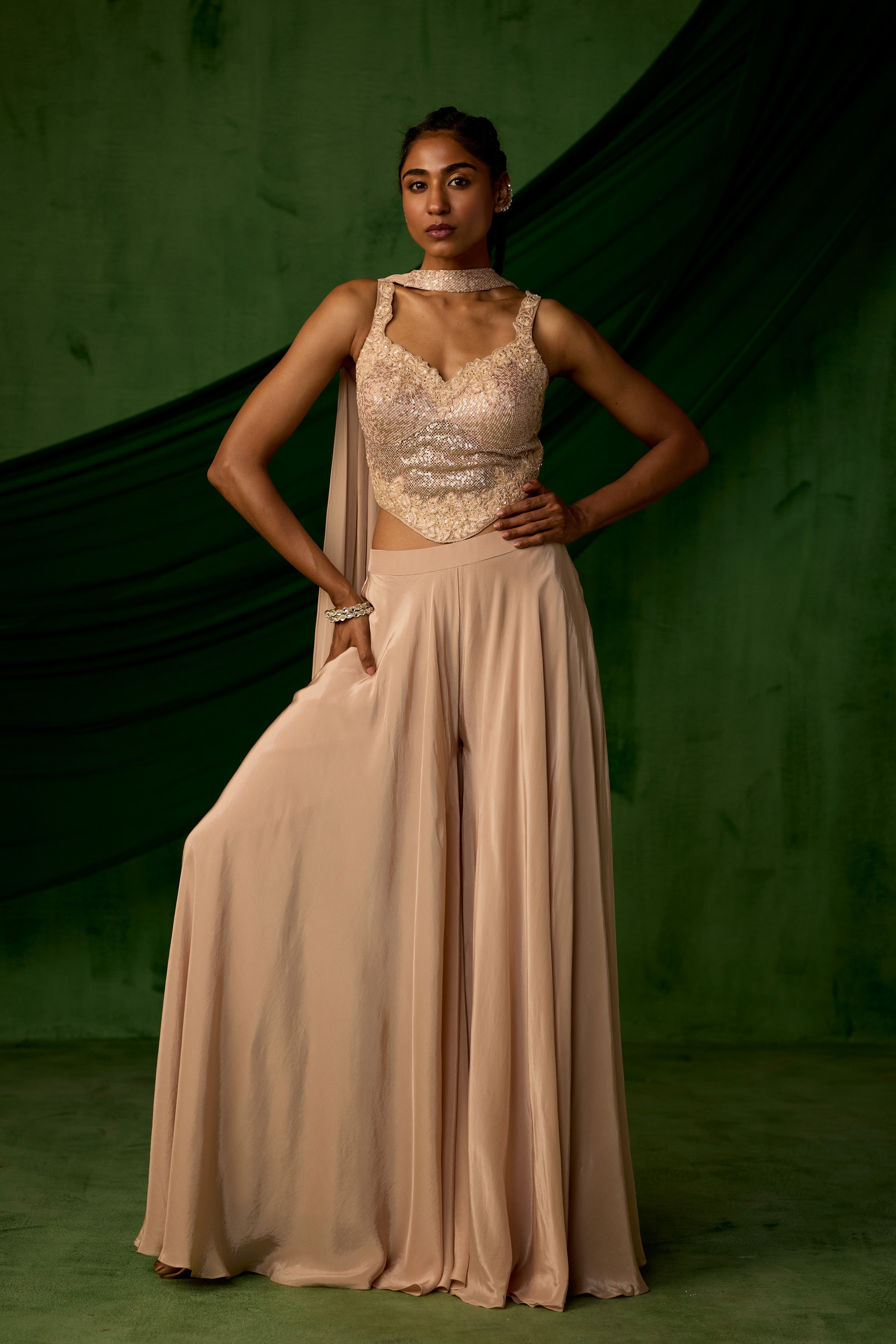 Nude Beige Embellished Satin Silk Sharara Set