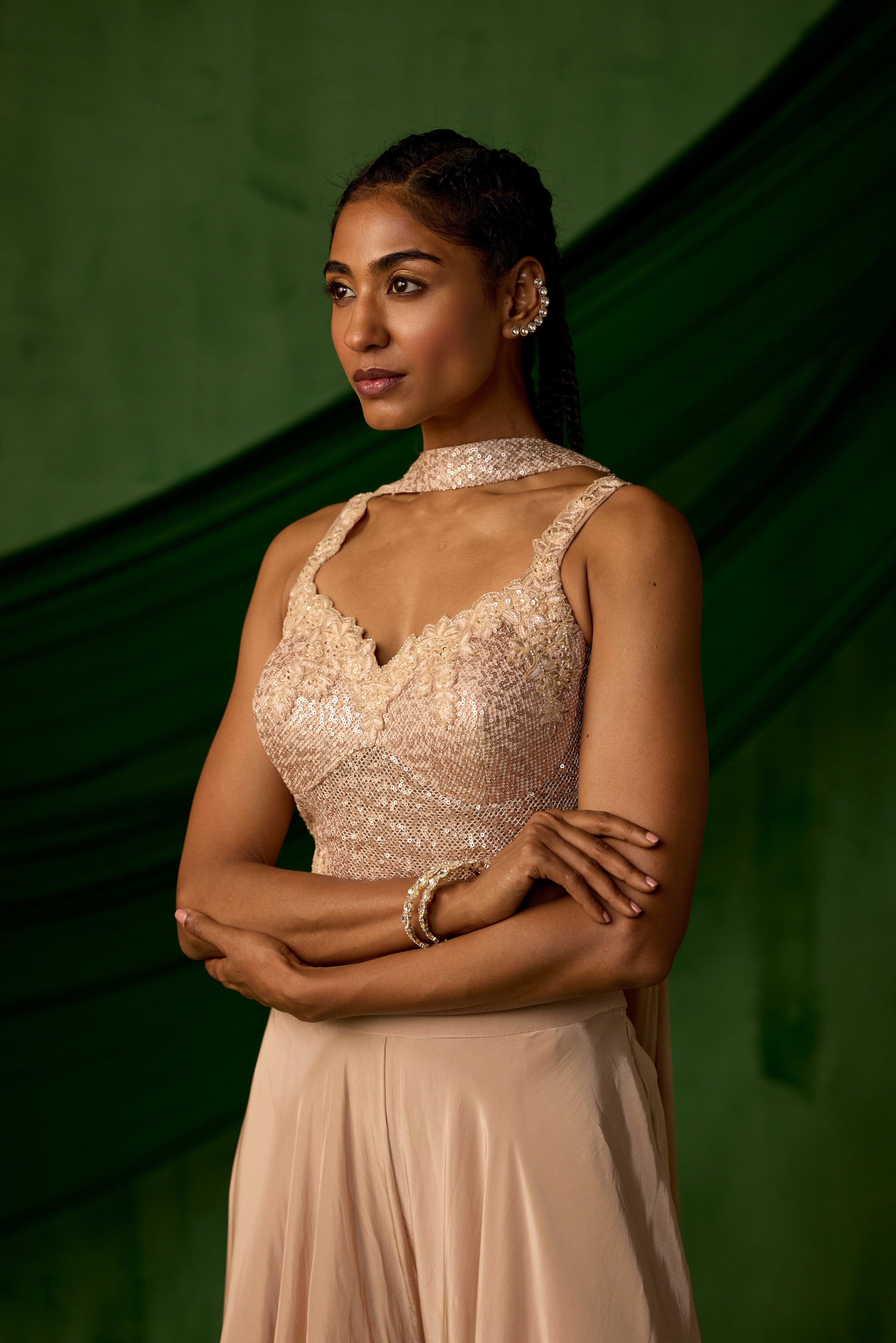 Nude Beige Embellished Satin Silk Sharara Set