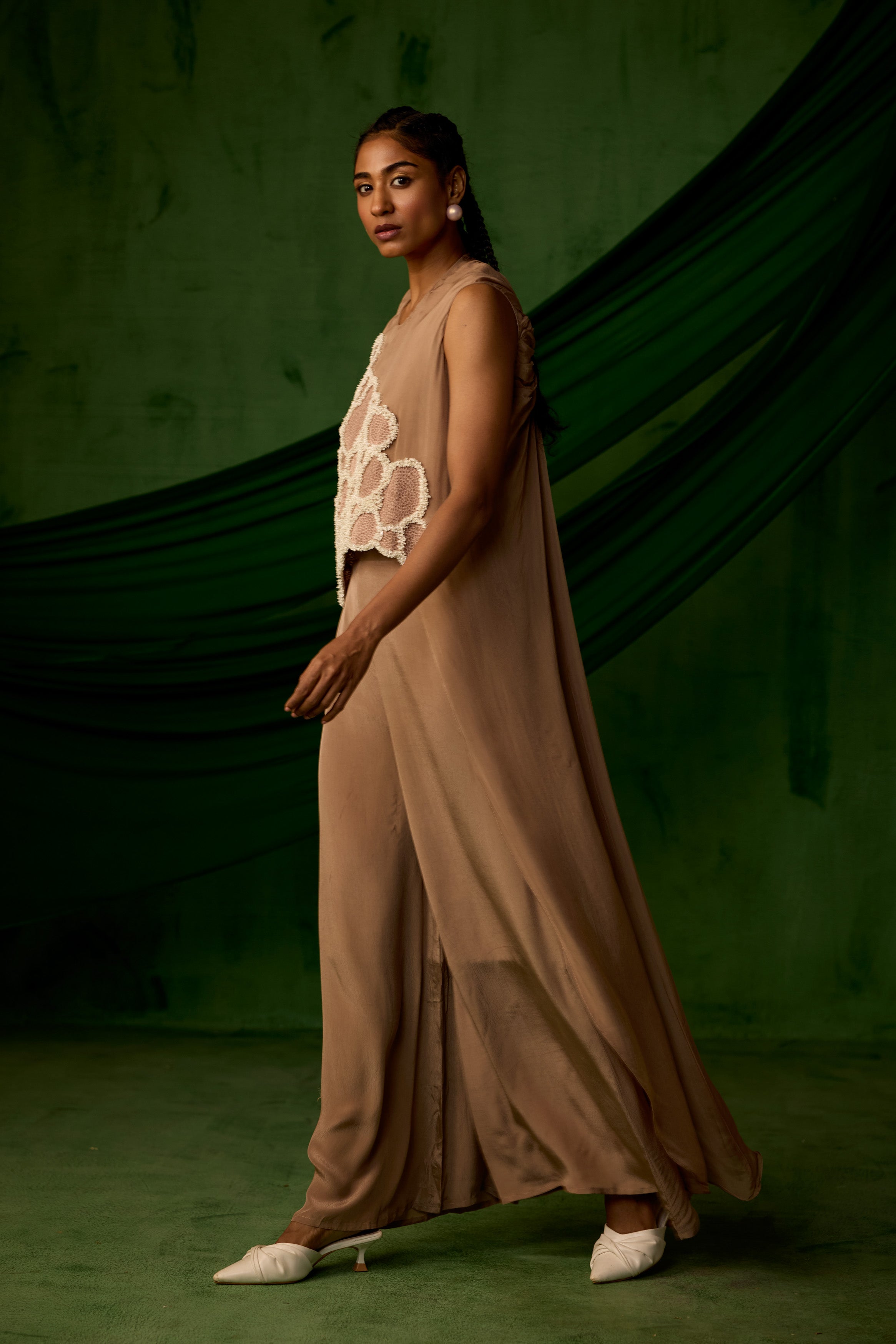 Soft Brown Embellished Premium Crepe Silk Co-Ord Set