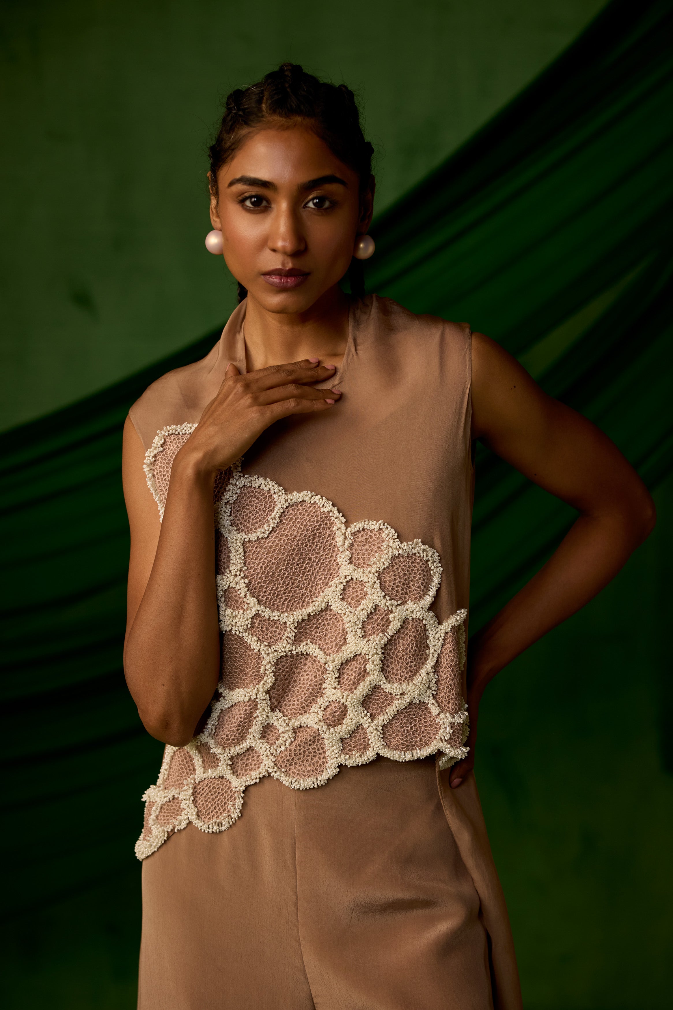 Soft Brown Embellished Premium Crepe Silk Co-Ord Set