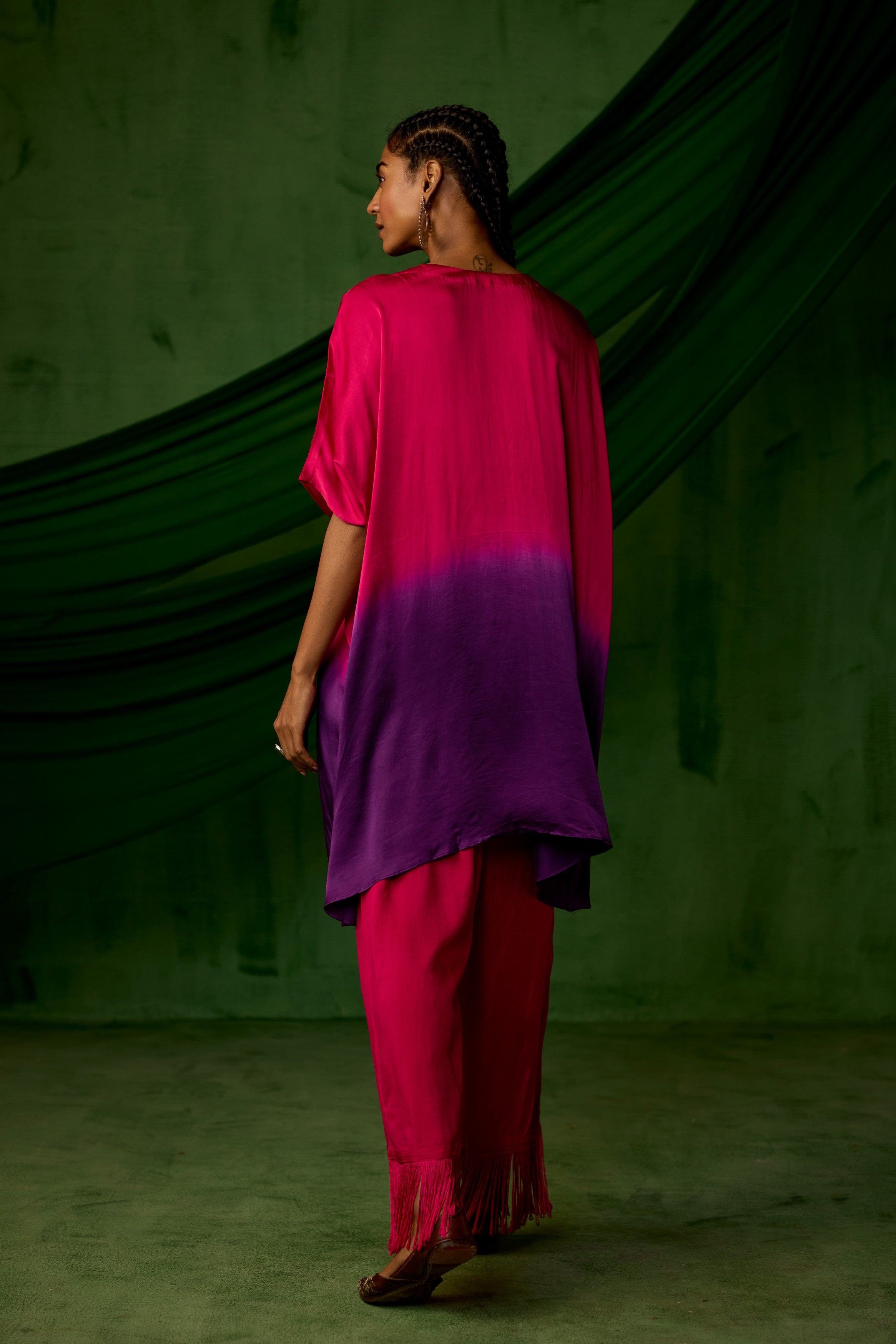 Pink Embellished Satin Silk Kaftan Set