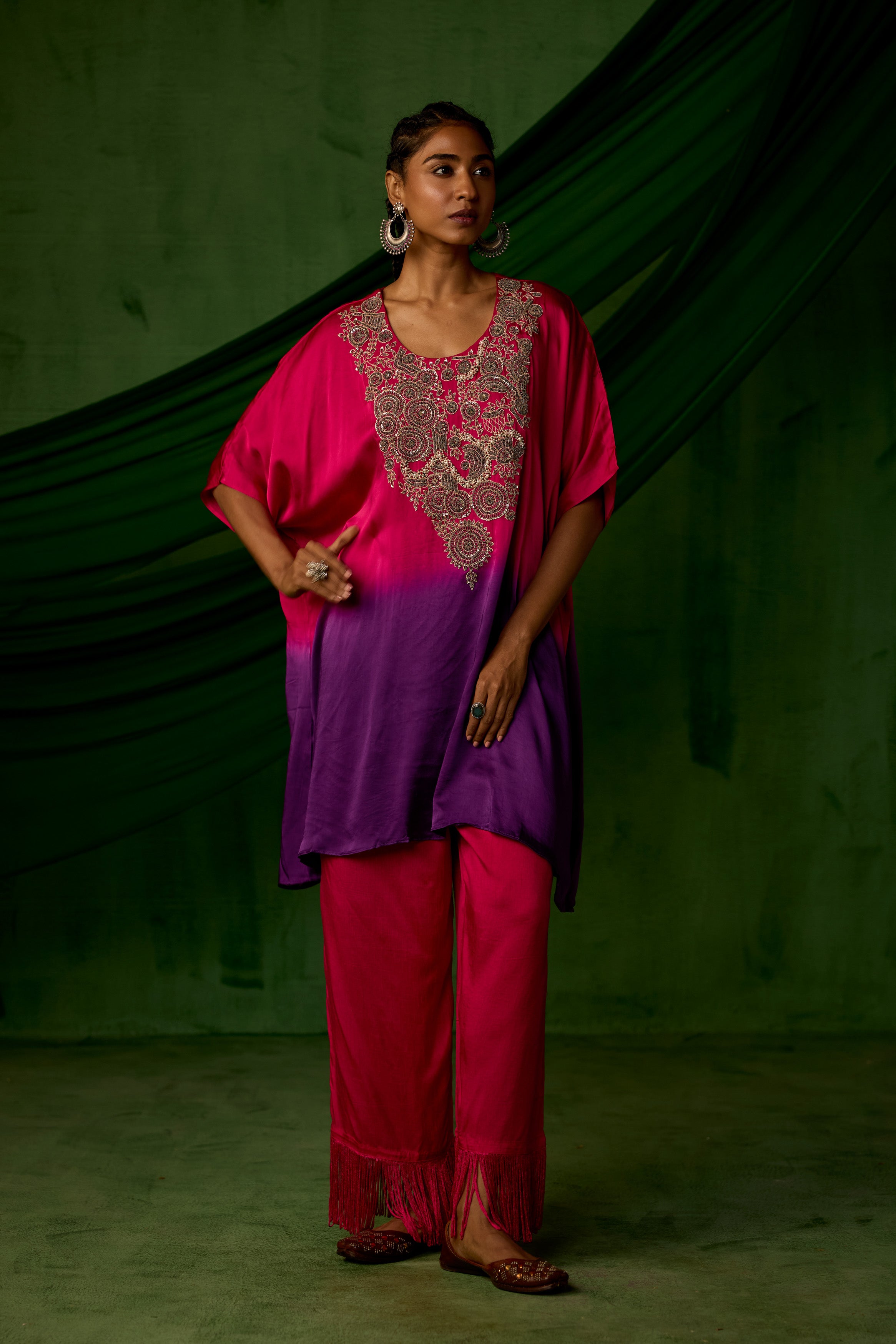 Pink Embellished Satin Silk Kaftan Set