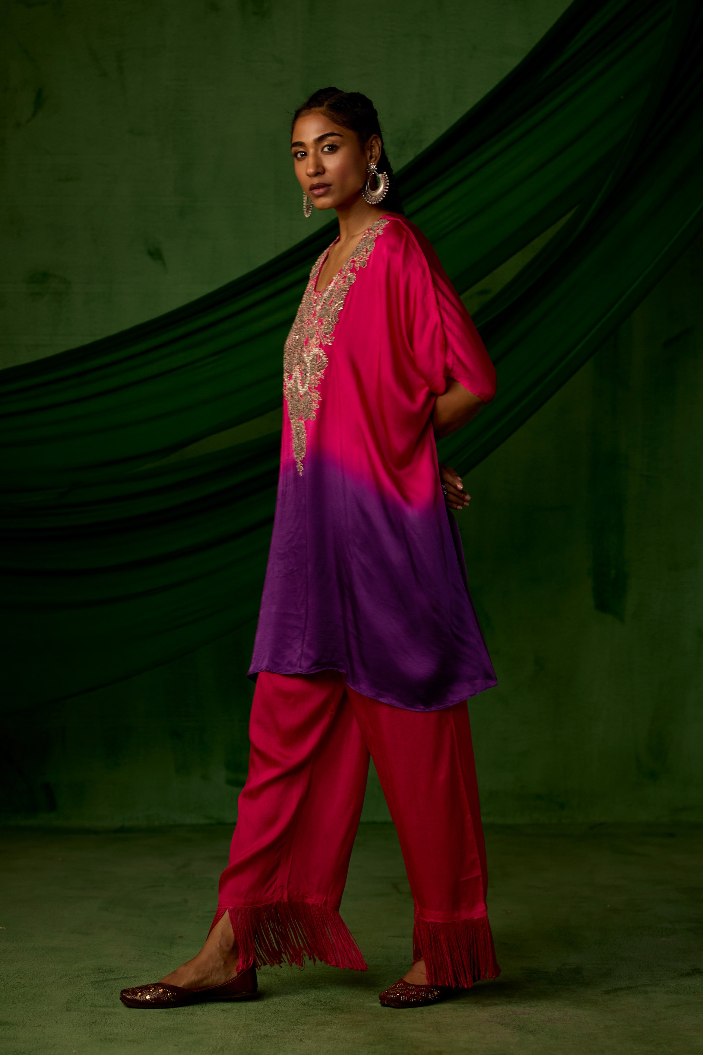 Pink Embellished Satin Silk Kaftan Set
