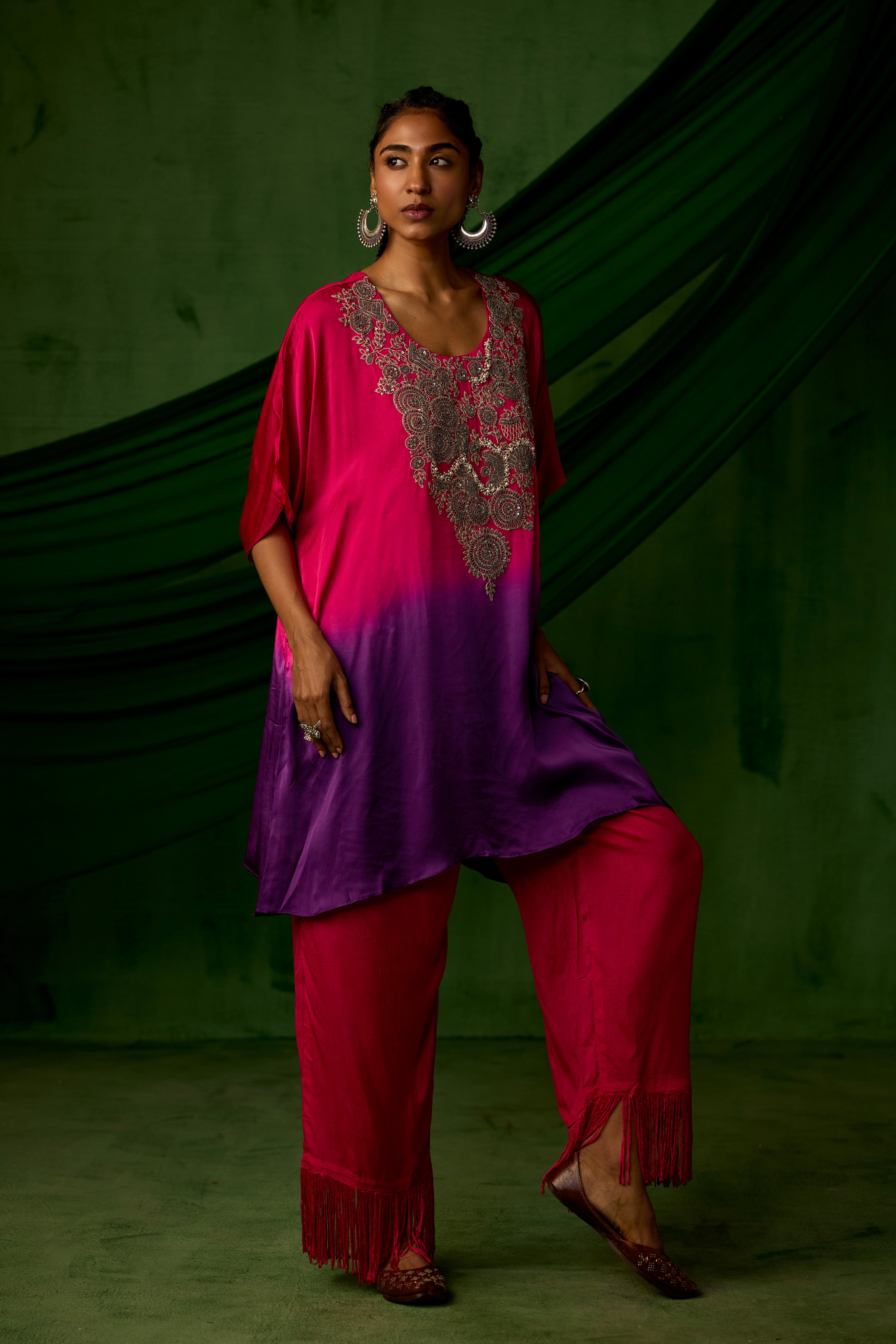 Pink Embellished Satin Silk Kaftan Set