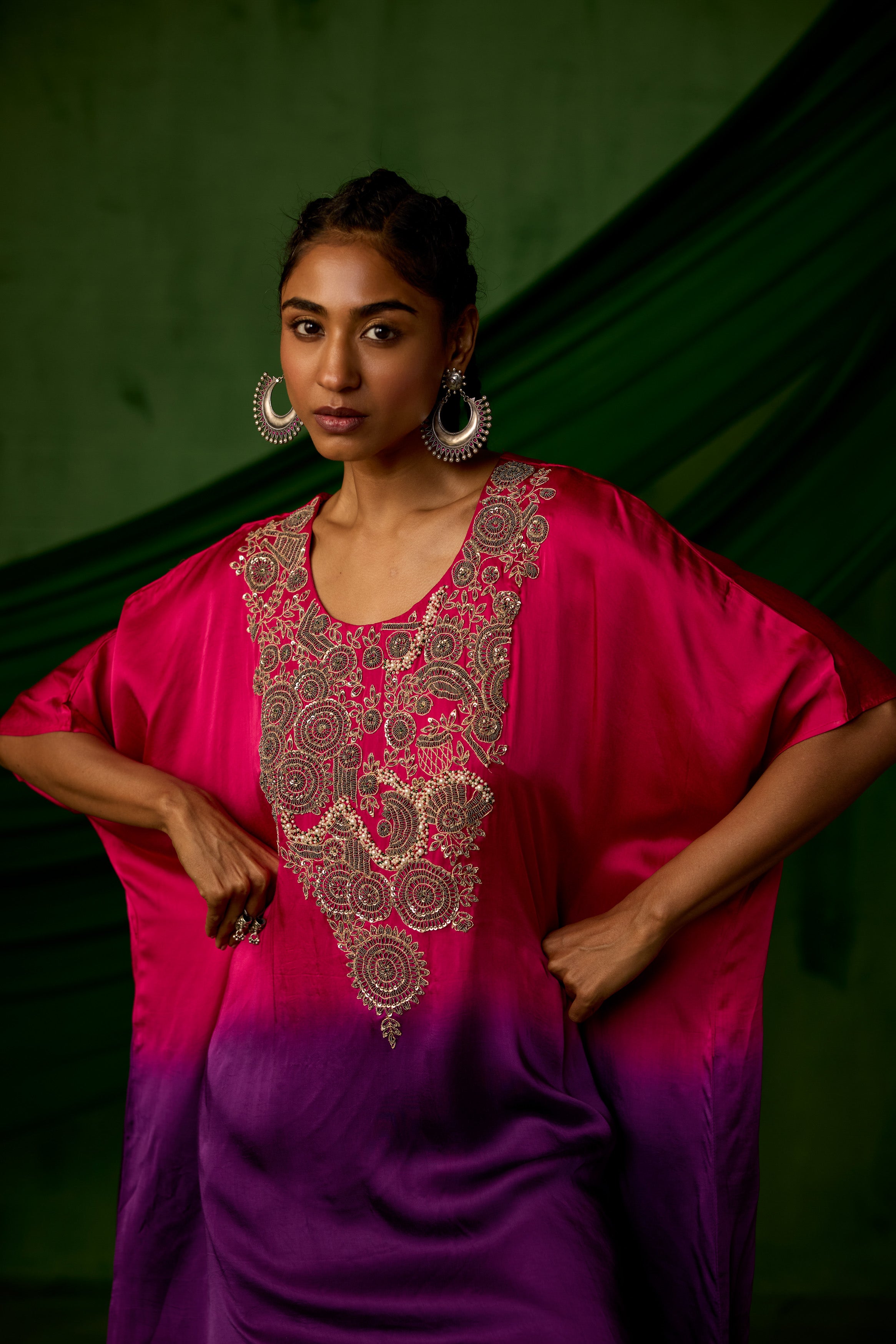 Pink Embellished Satin Silk Kaftan Set