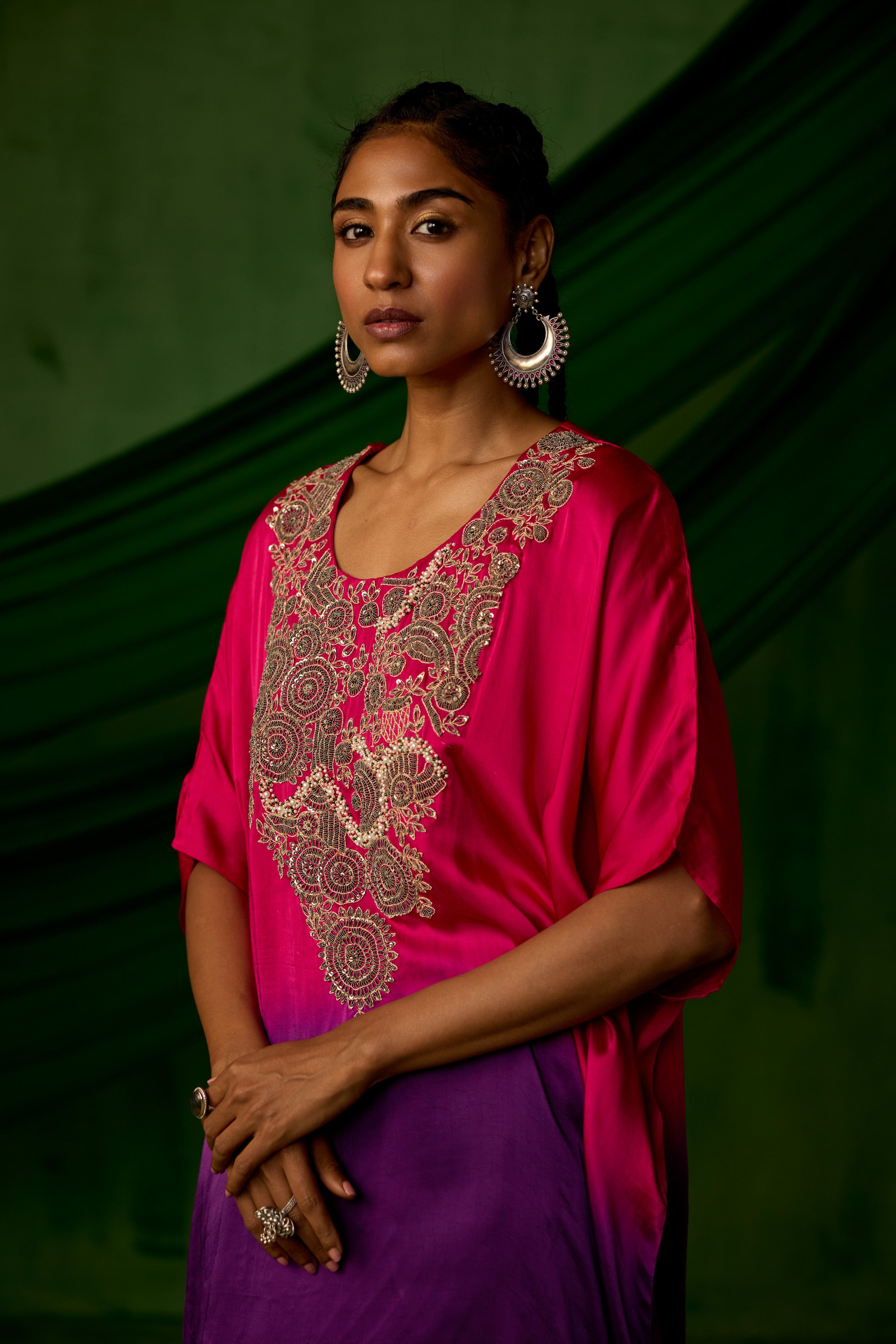 Pink Embellished Satin Silk Kaftan Set