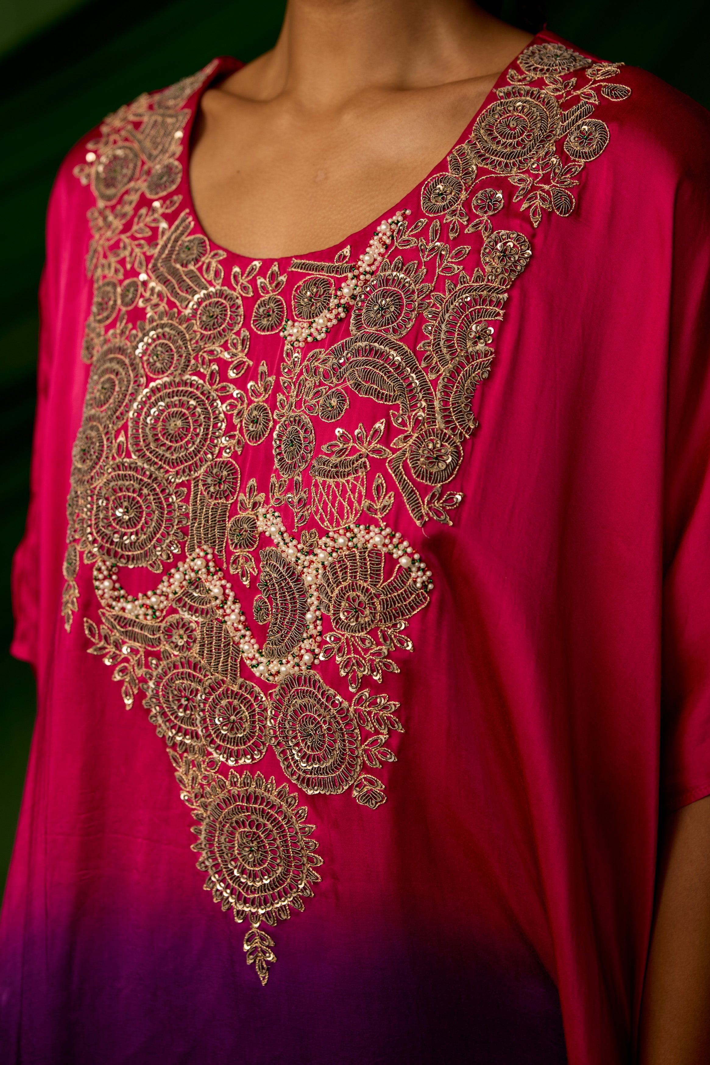 Pink Embellished Satin Silk Kaftan Set