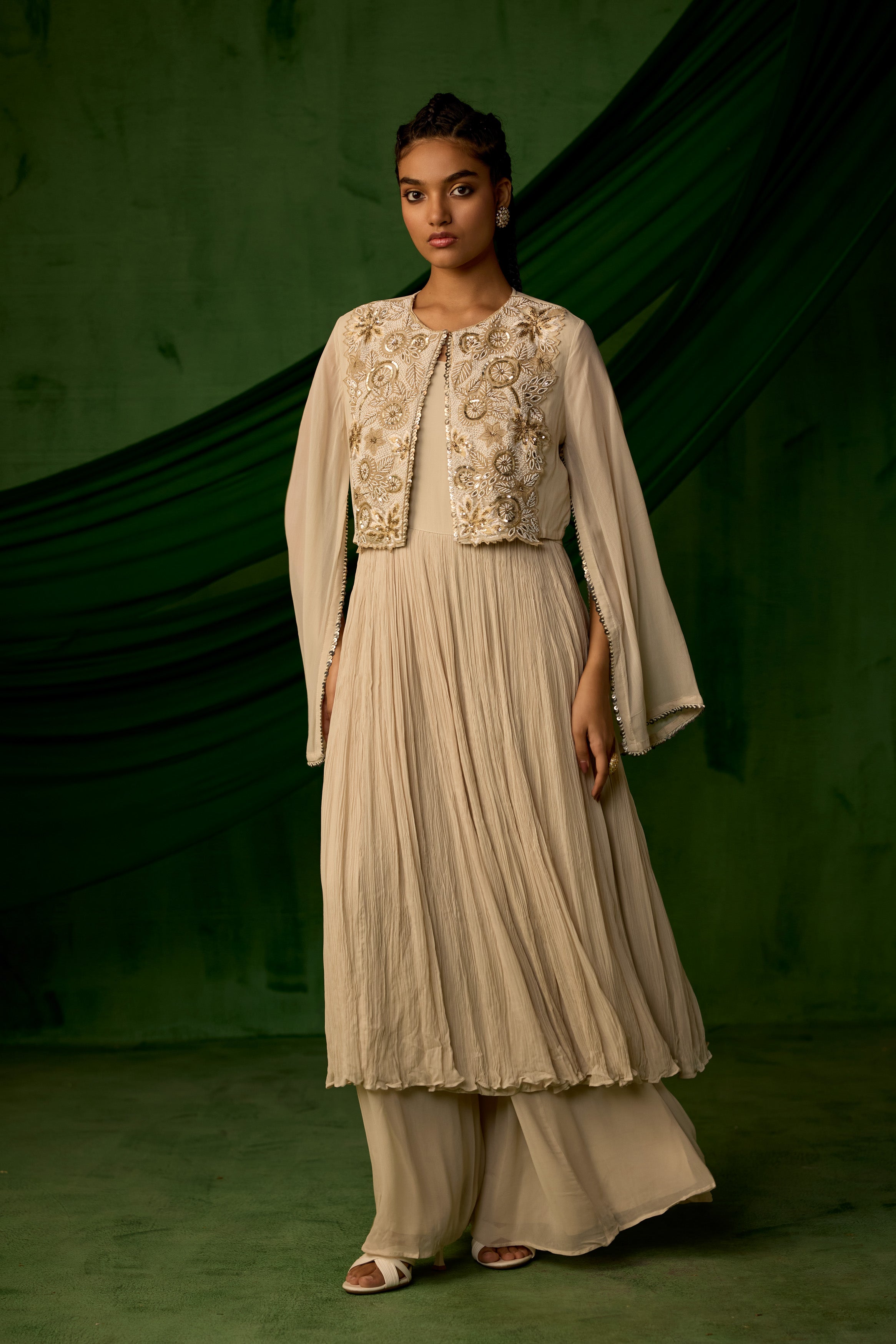 Beige Embellished Georgette Silk Sharara Set