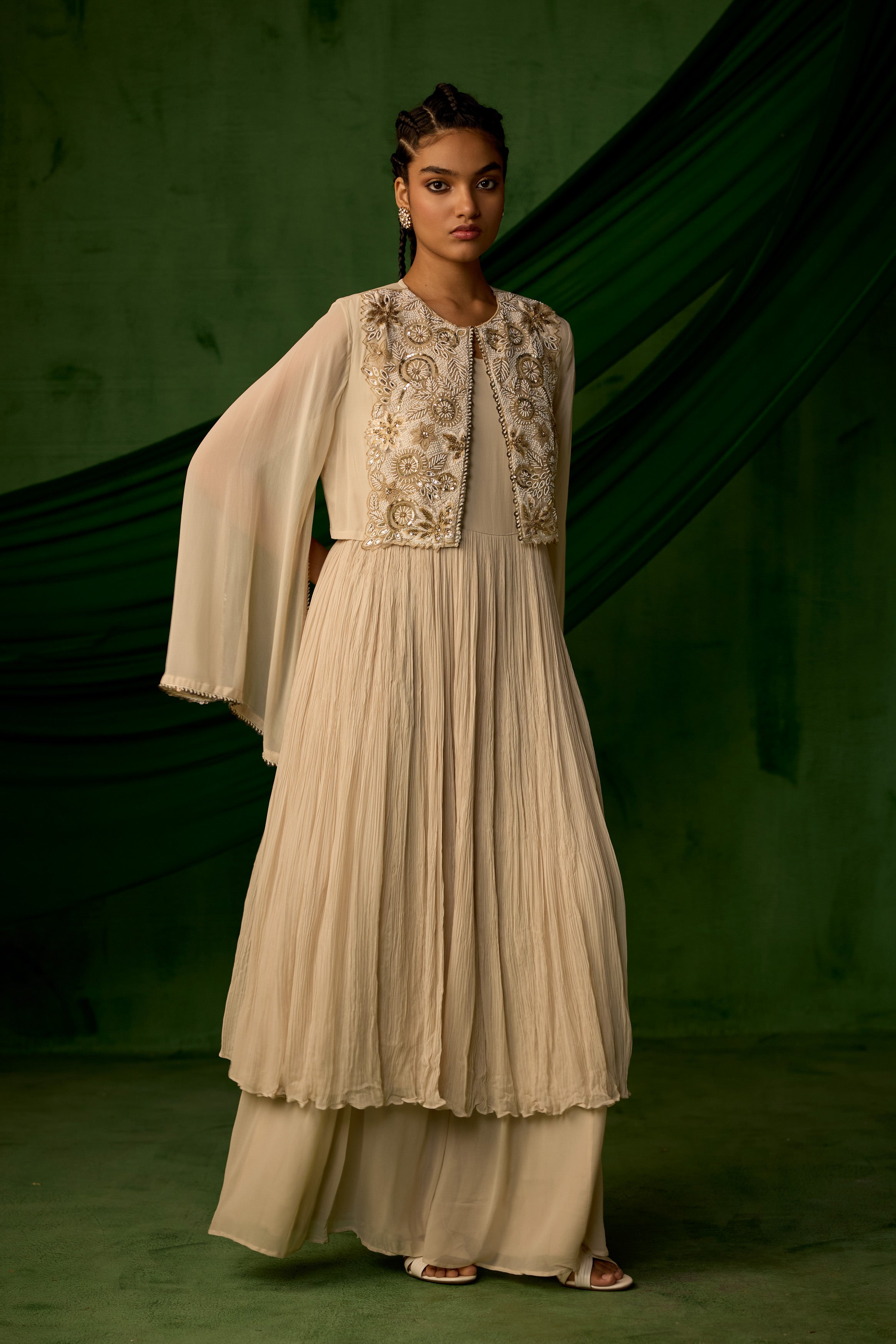 Beige Embellished Georgette Silk Sharara Set