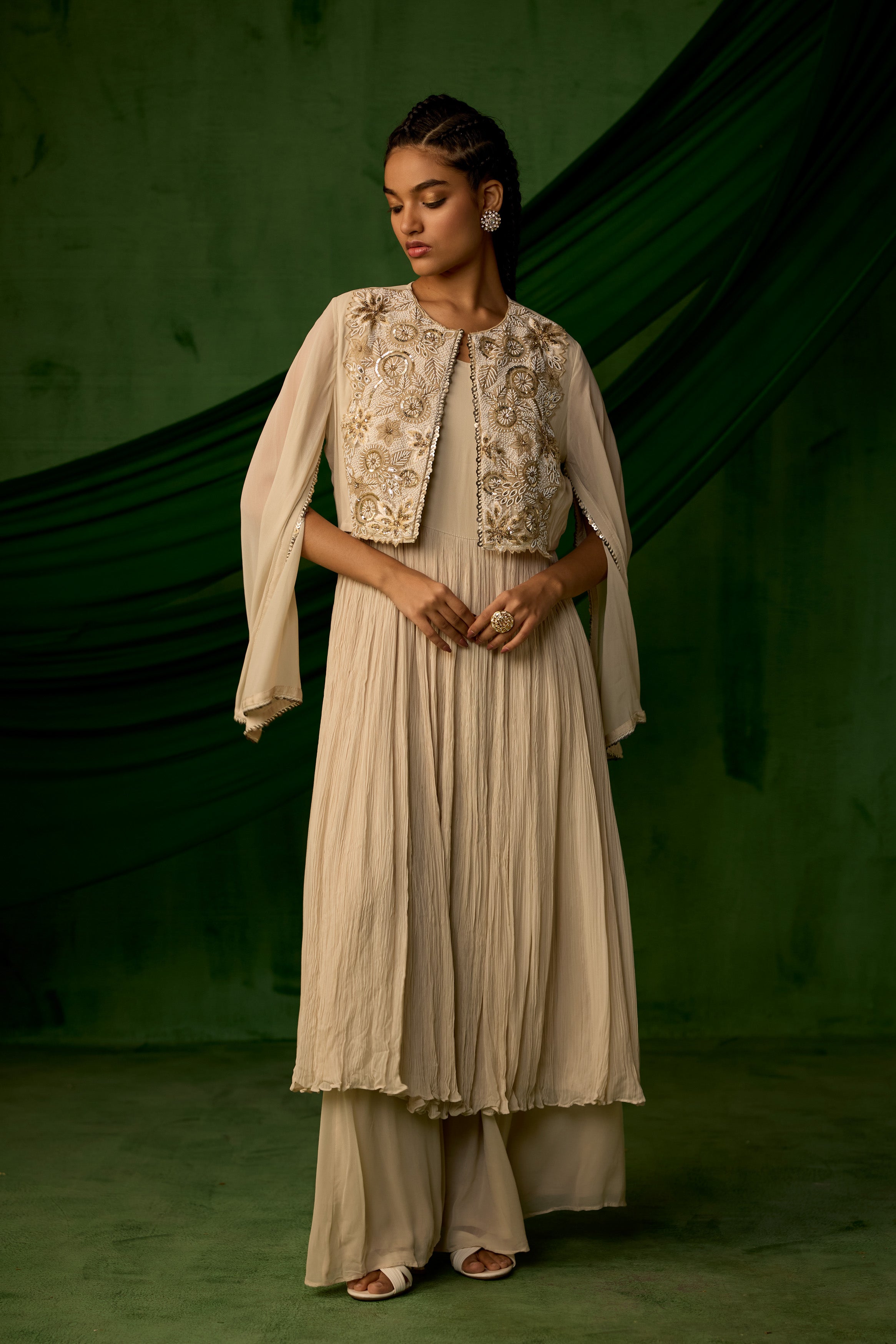 Beige Embellished Georgette Silk Sharara Set