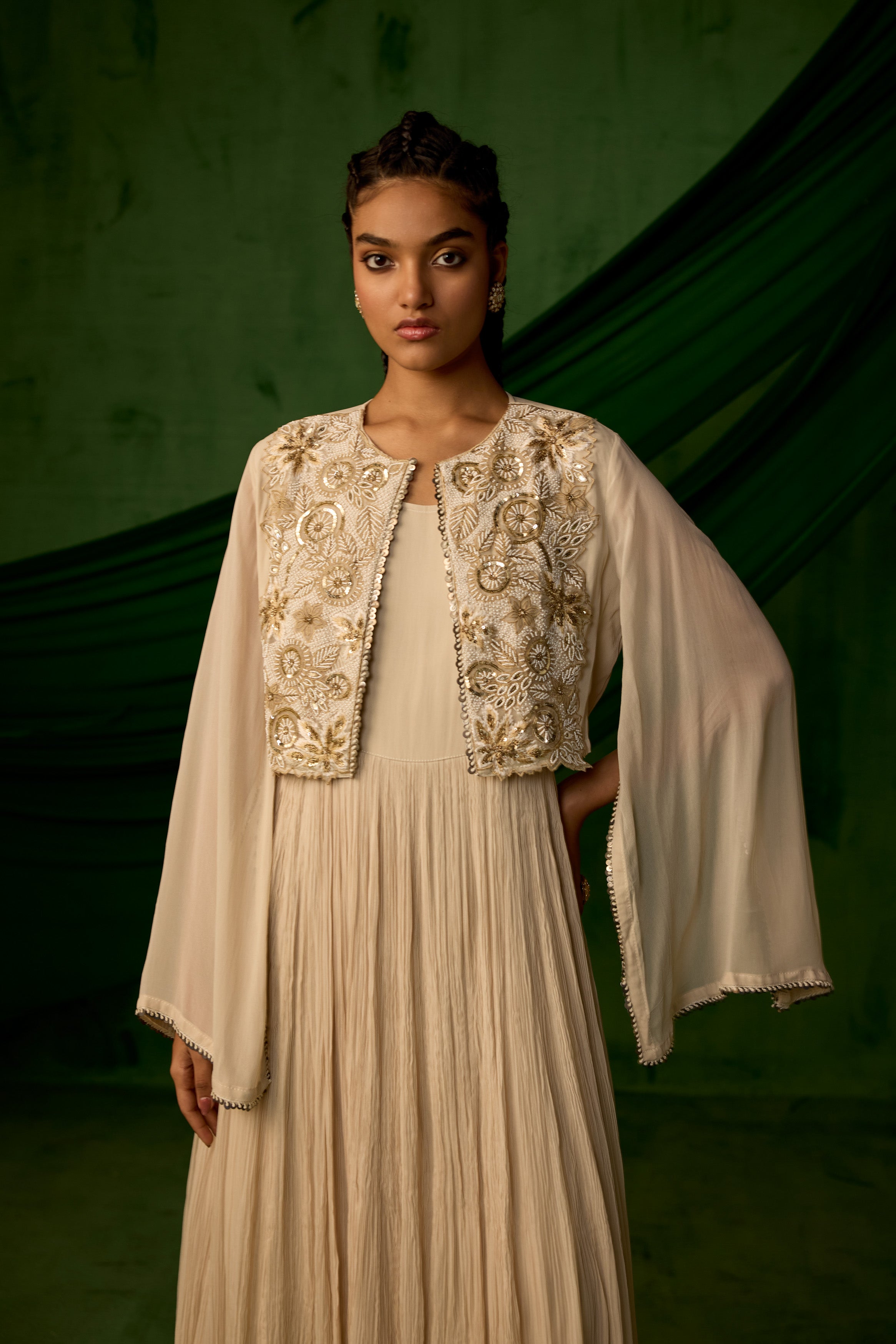 Beige Embellished Georgette Silk Sharara Set