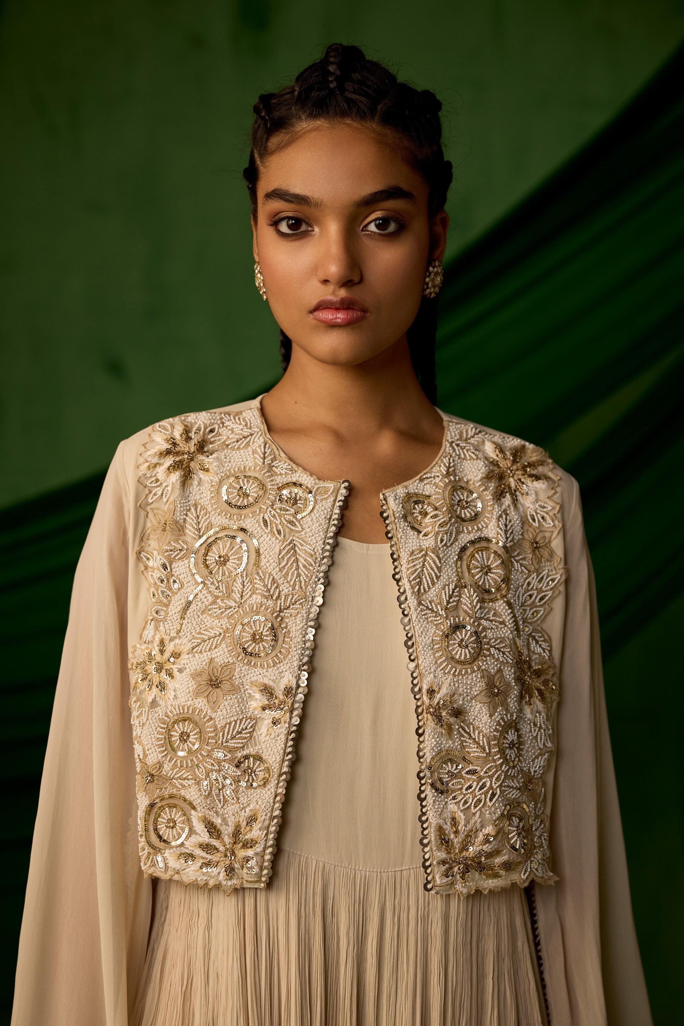 Beige Embellished Georgette Silk Sharara Set