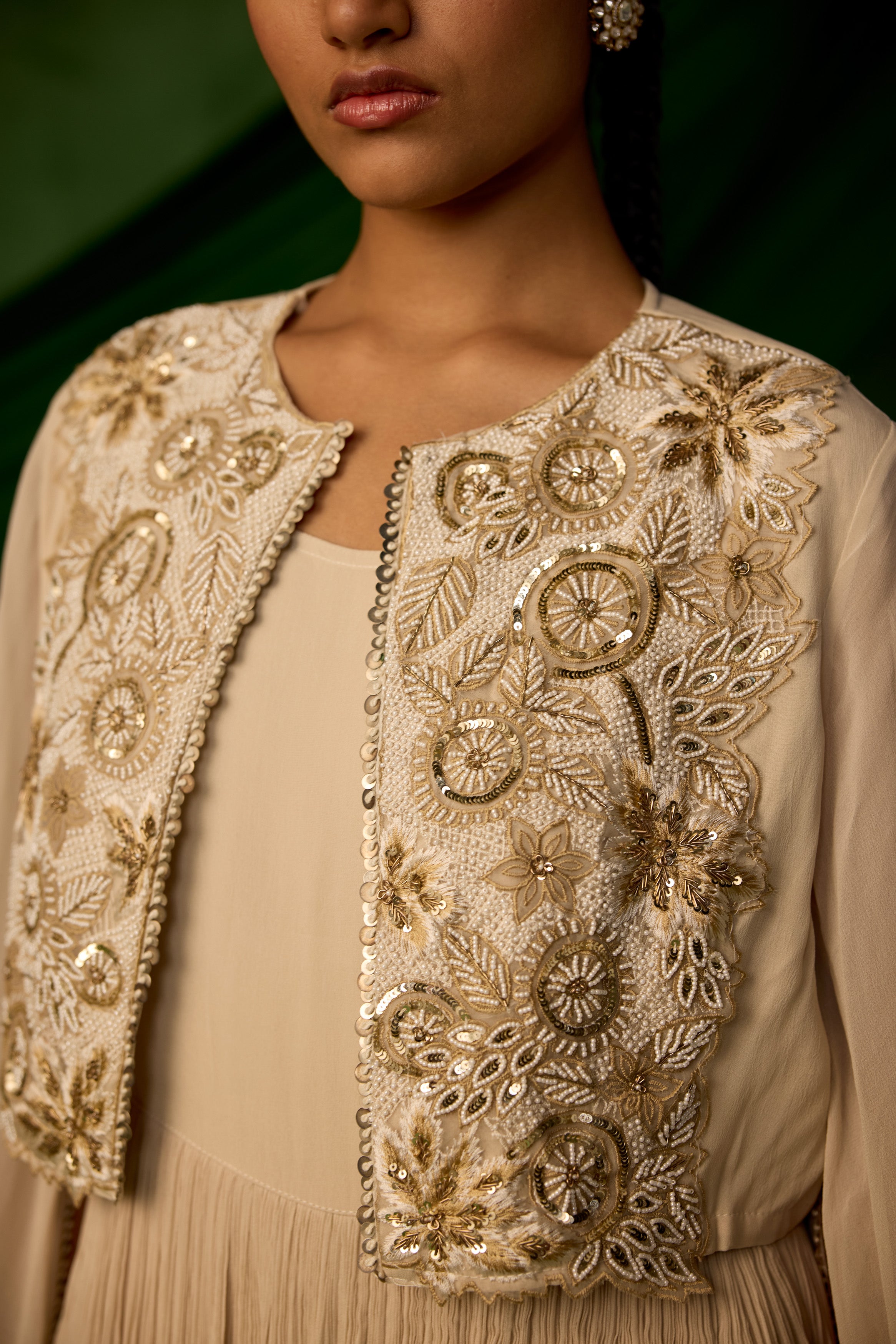 Beige Embellished Georgette Silk Sharara Set