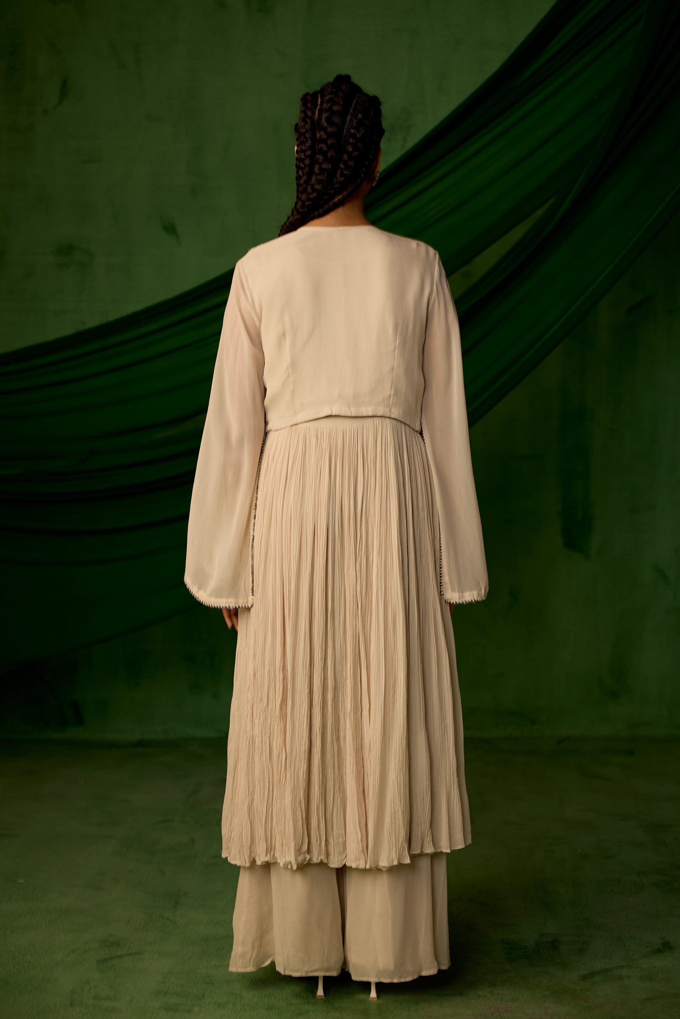 Beige Embellished Georgette Silk Sharara Set