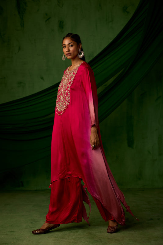 Red Embellished Satin Silk Kurta Set