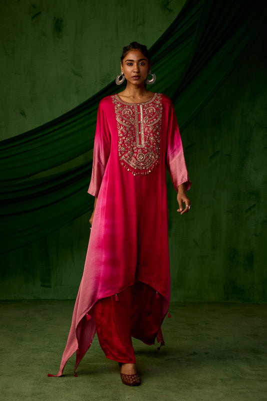 Red Embellished Satin Silk Kurta Set