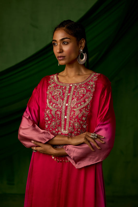 Red Embellished Satin Silk Kurta Set