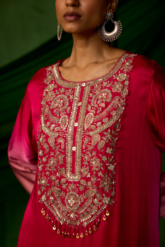 Red Embellished Satin Silk Kurta Set