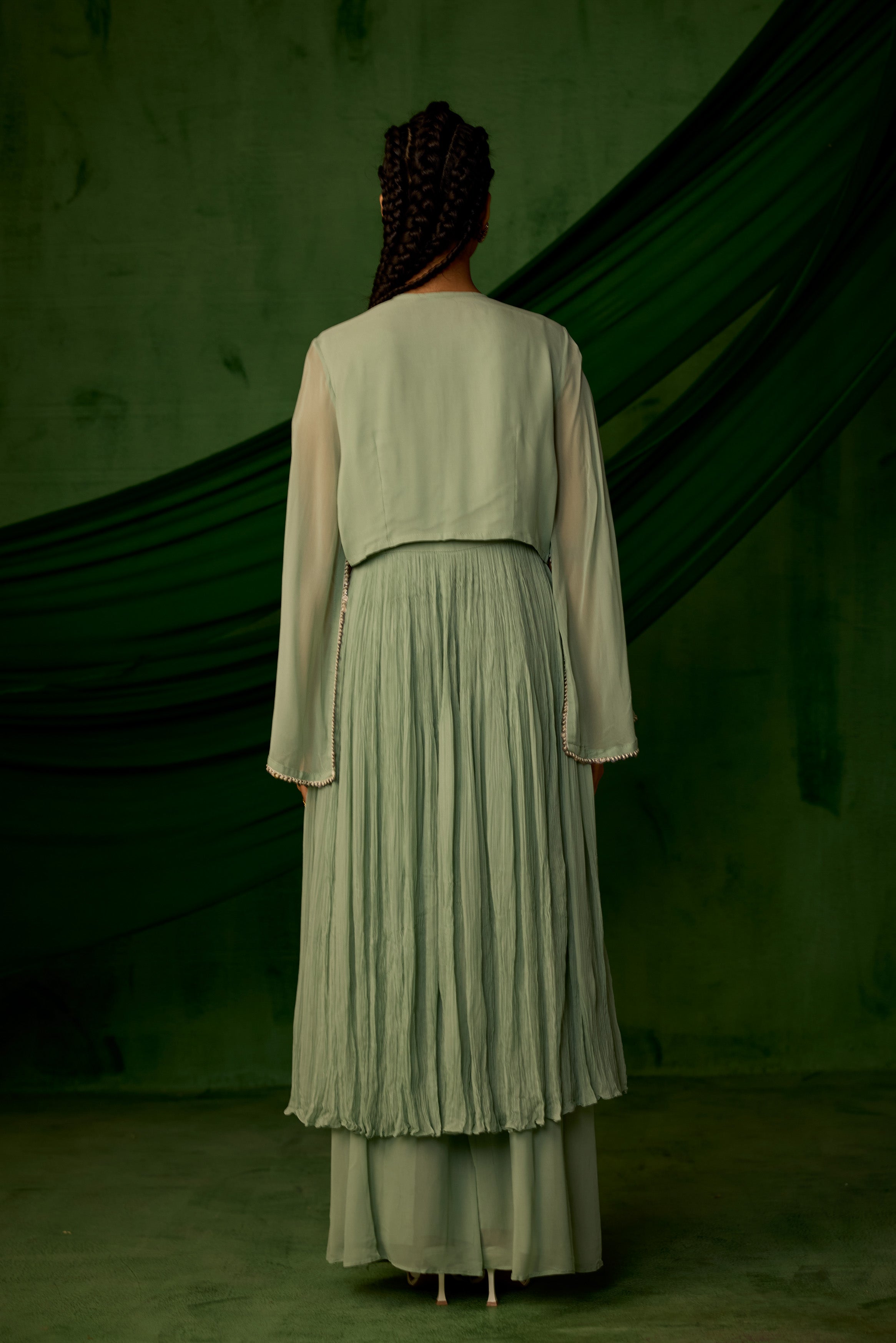 Green Embellished Georgette Silk Sharara Set