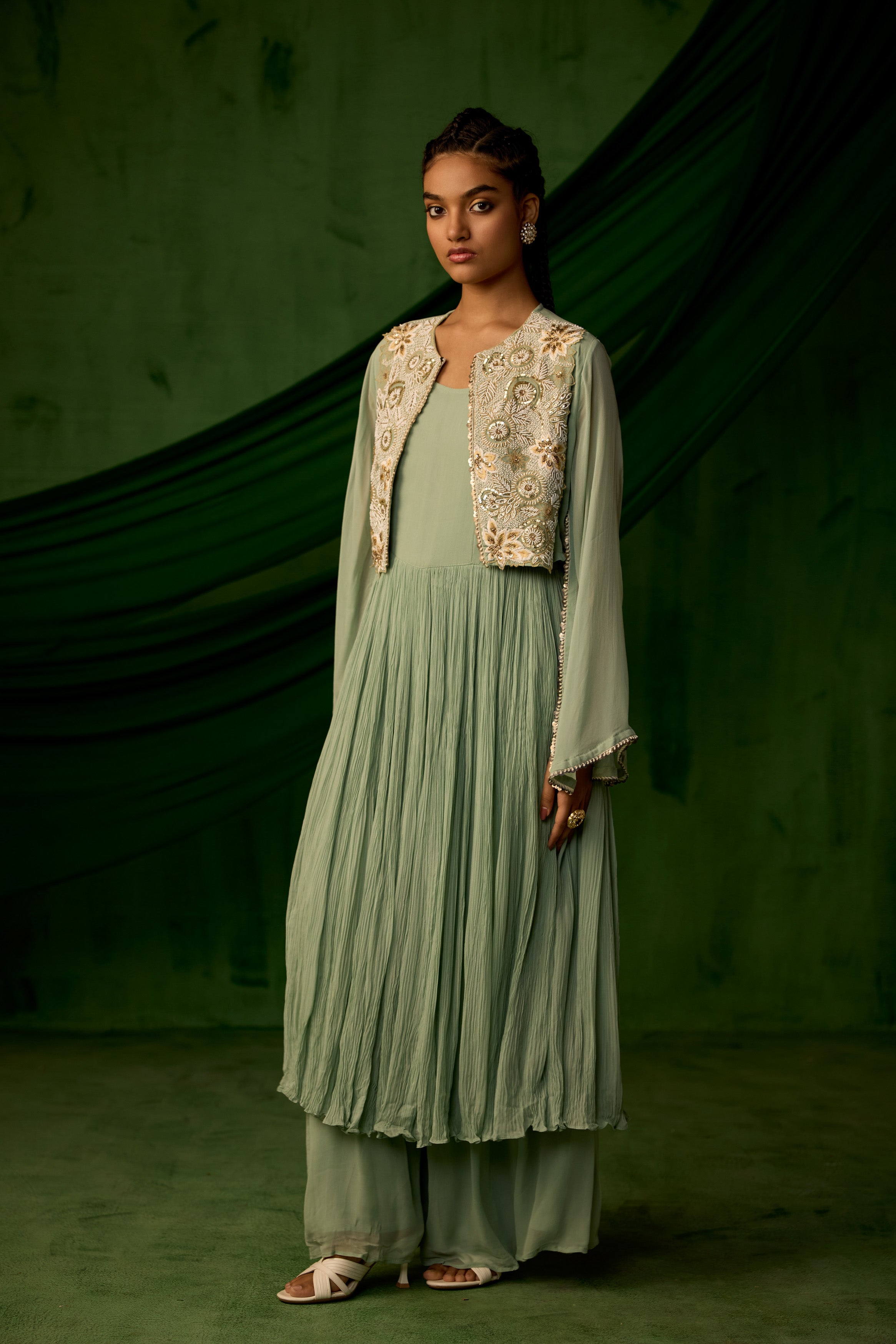 Green Embellished Georgette Silk Sharara Set