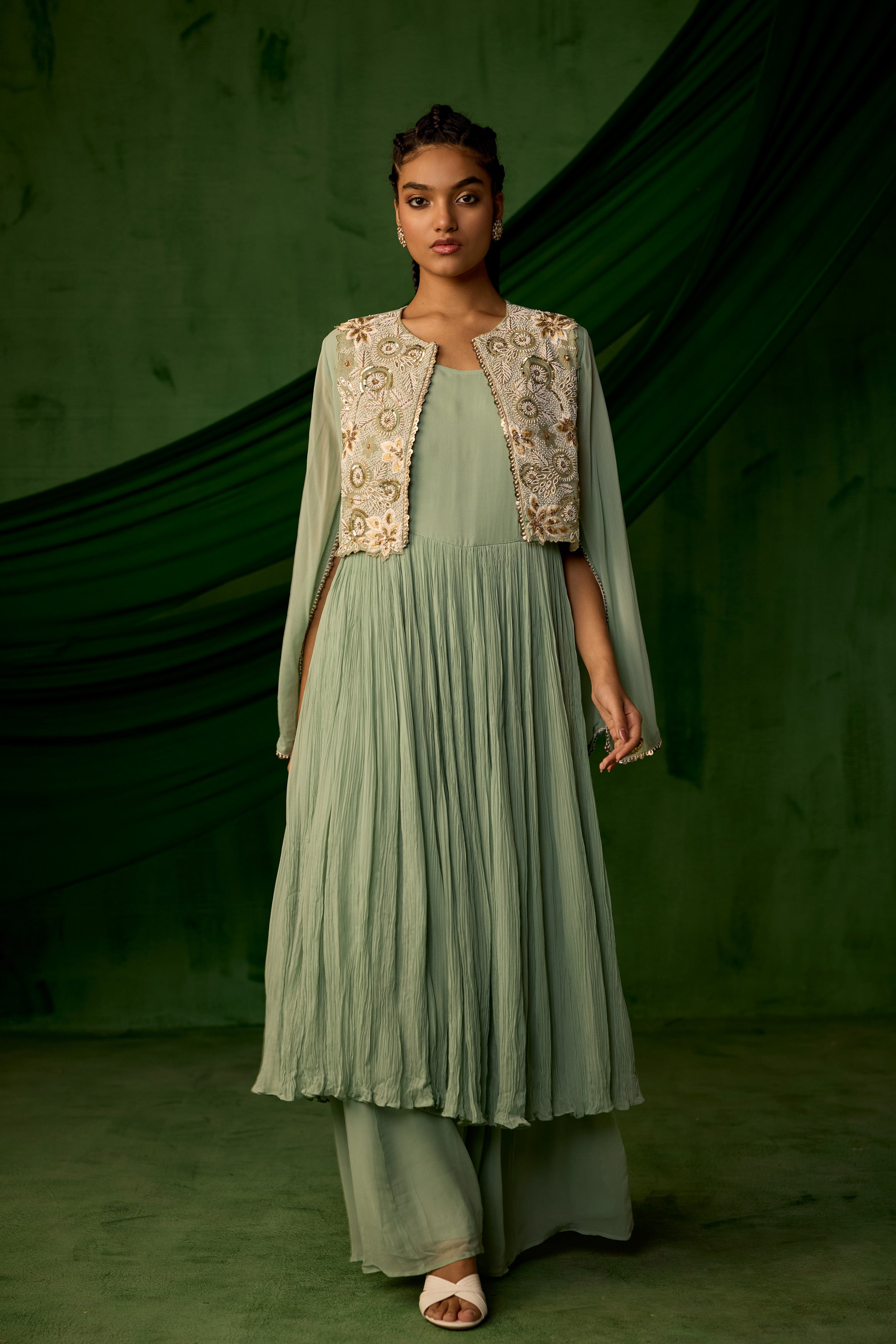 Green Embellished Georgette Silk Sharara Set