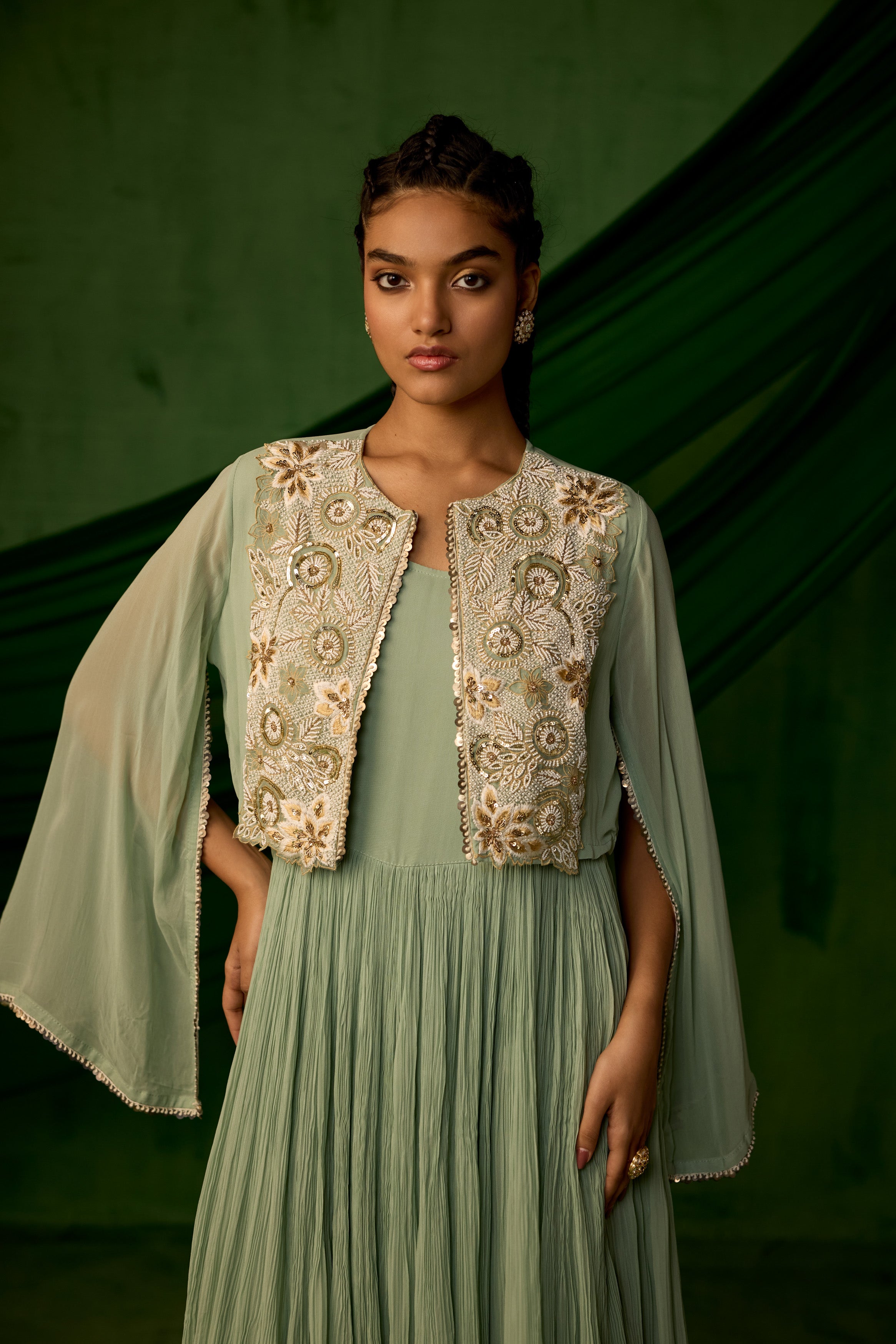 Green Embellished Georgette Silk Sharara Set