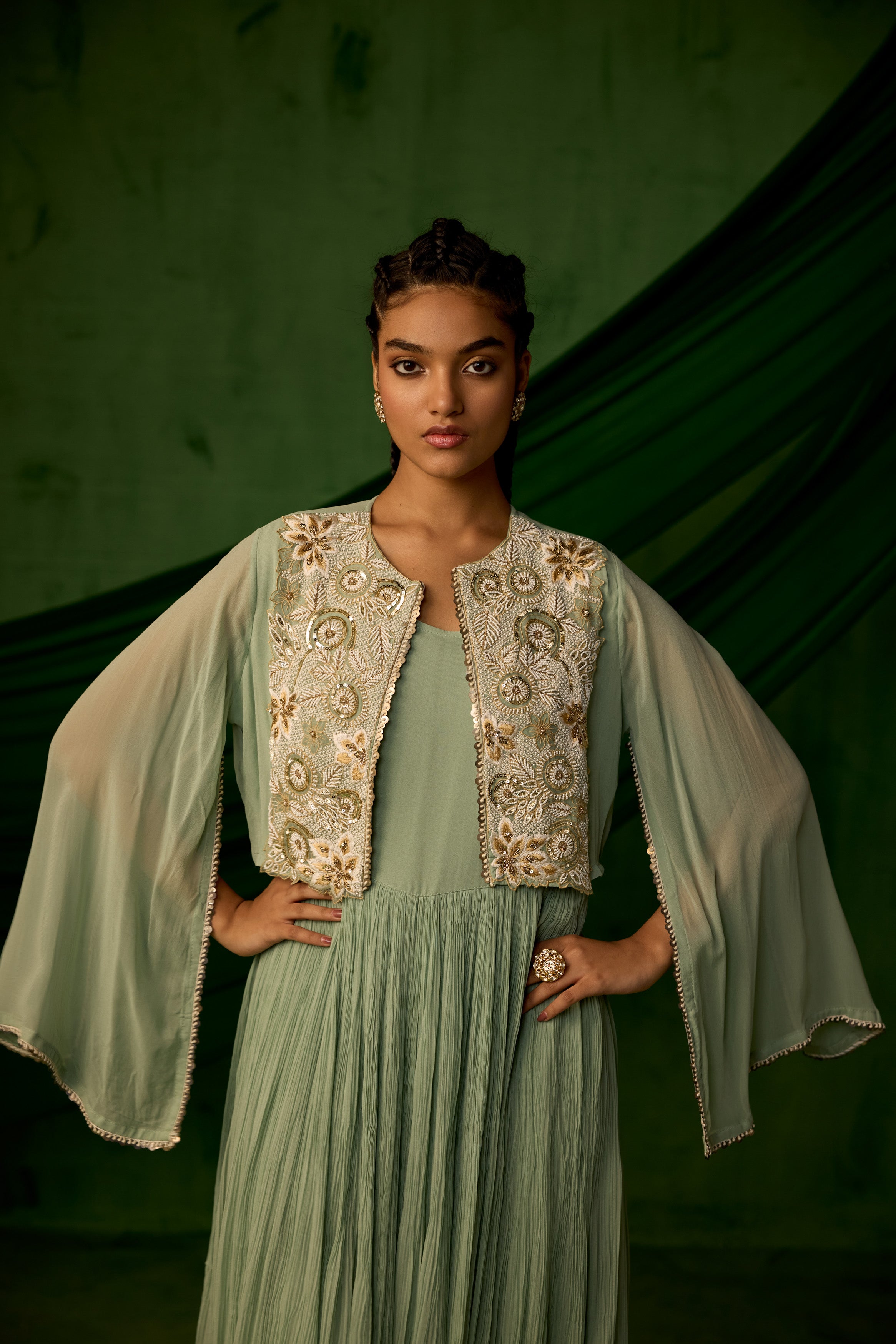 Green Embellished Georgette Silk Sharara Set