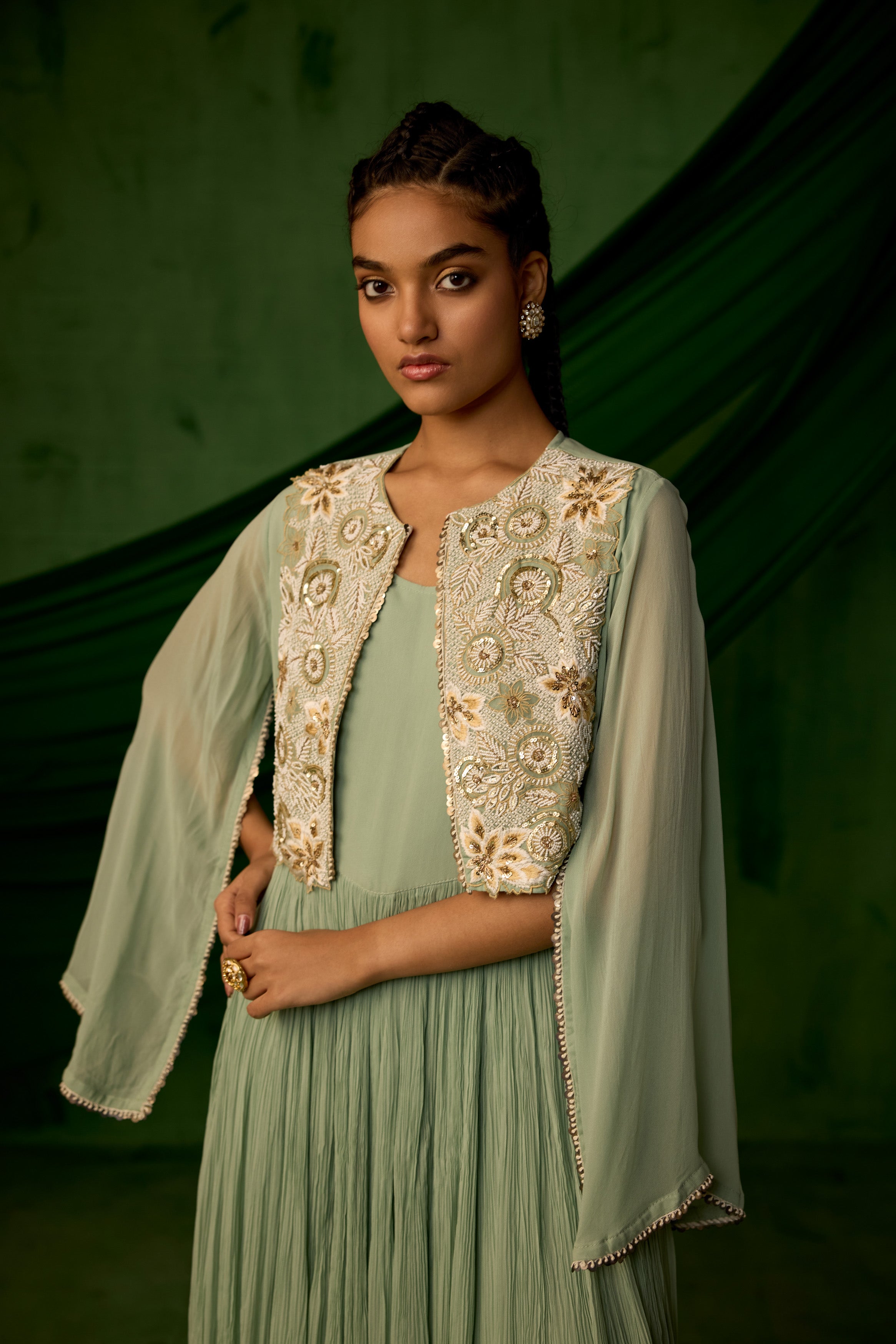 Green Embellished Georgette Silk Sharara Set