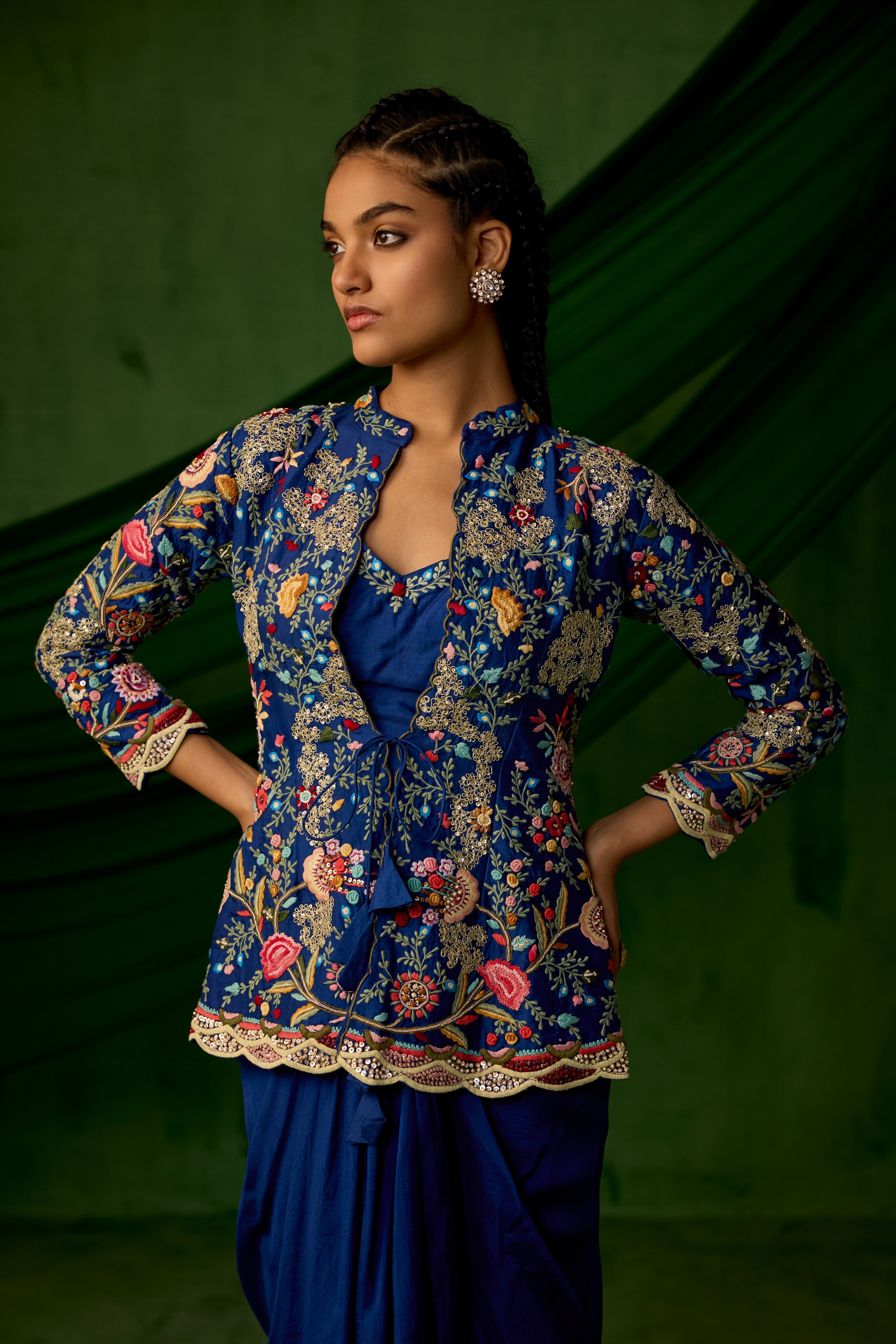 Cobalt Blue Embellished Raw Silk Skirt Set