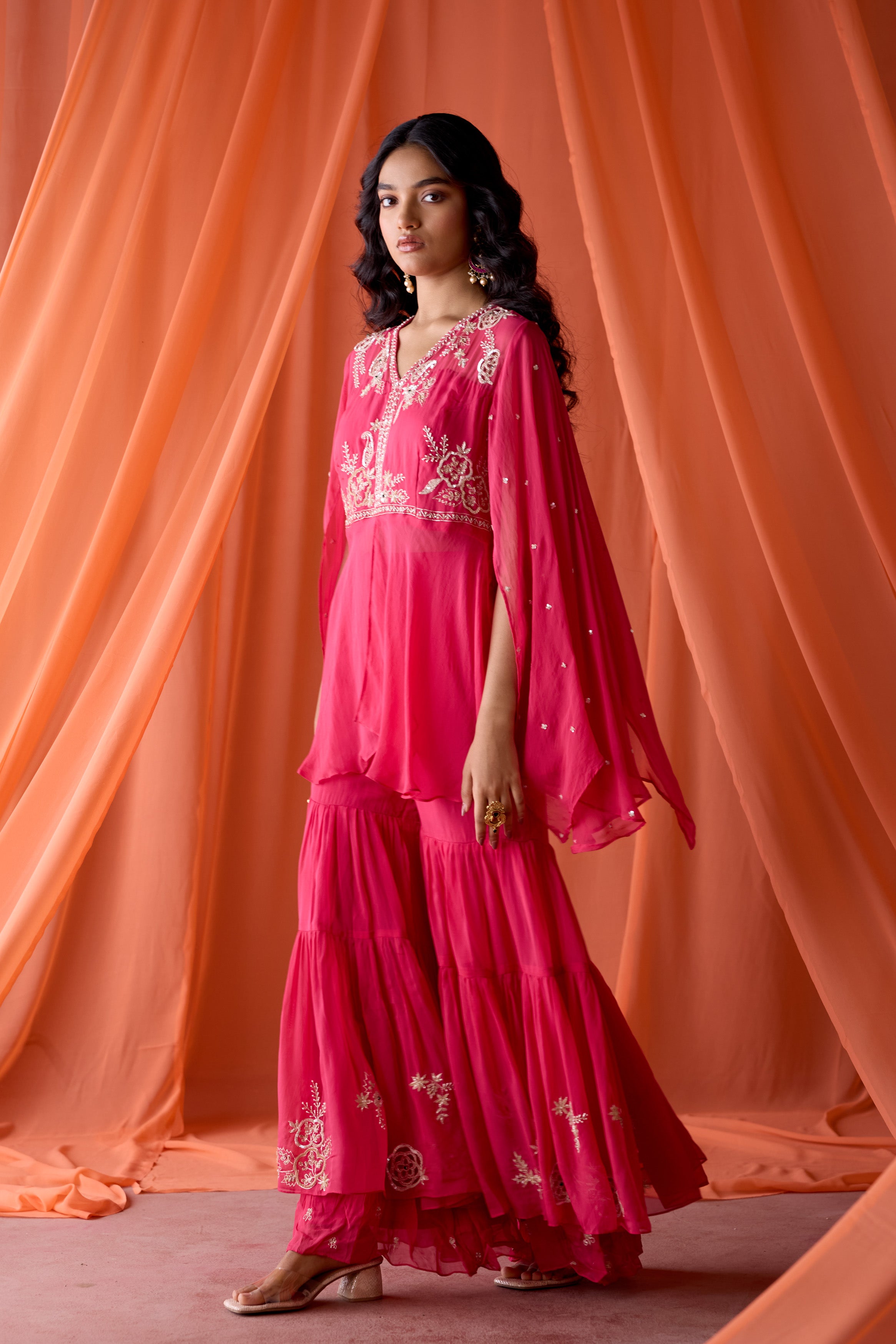 Rose Pink Embellished Organza Silk Sharara Set