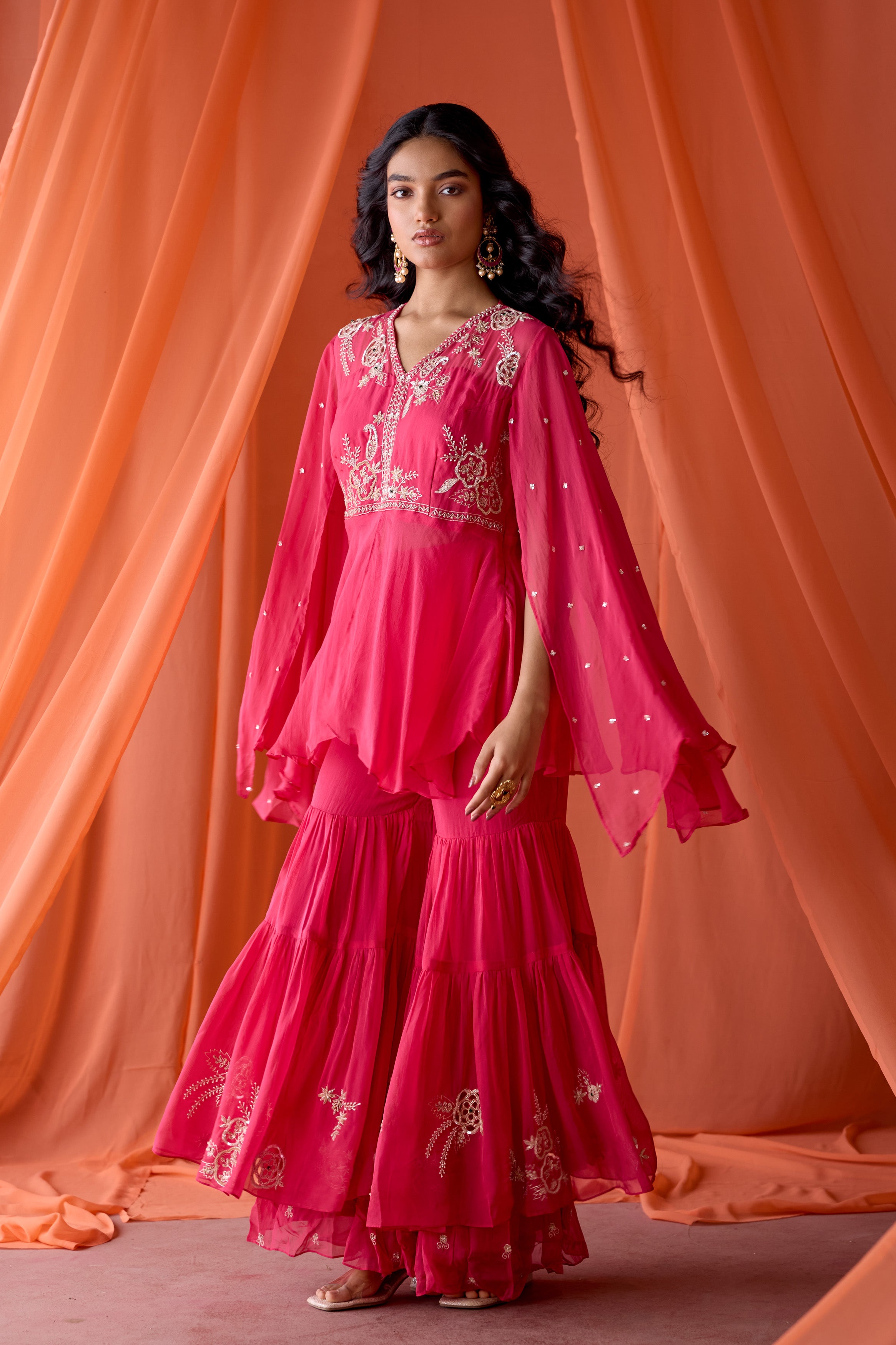 Rose Pink Embellished Organza Silk Sharara Set
