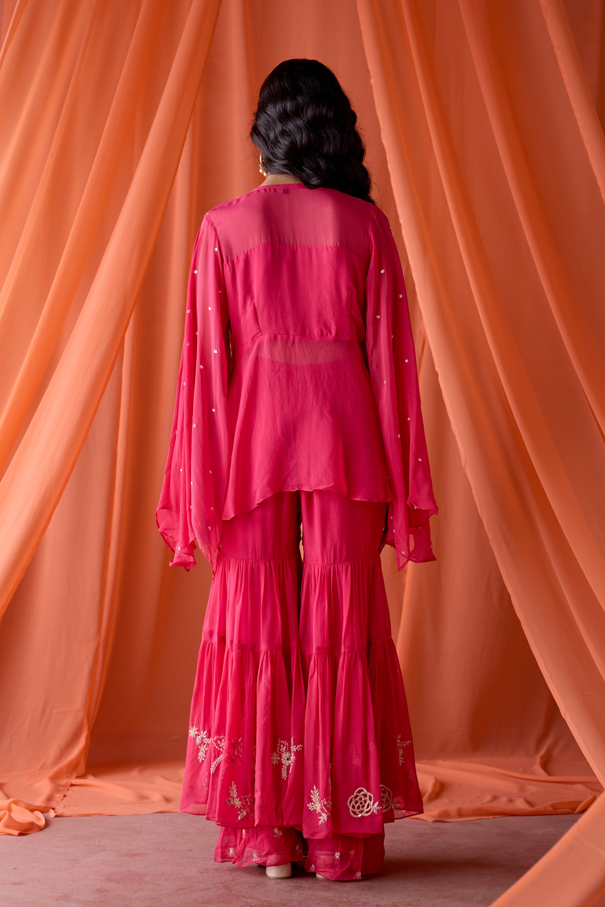 Rose Pink Embellished Organza Silk Sharara Set