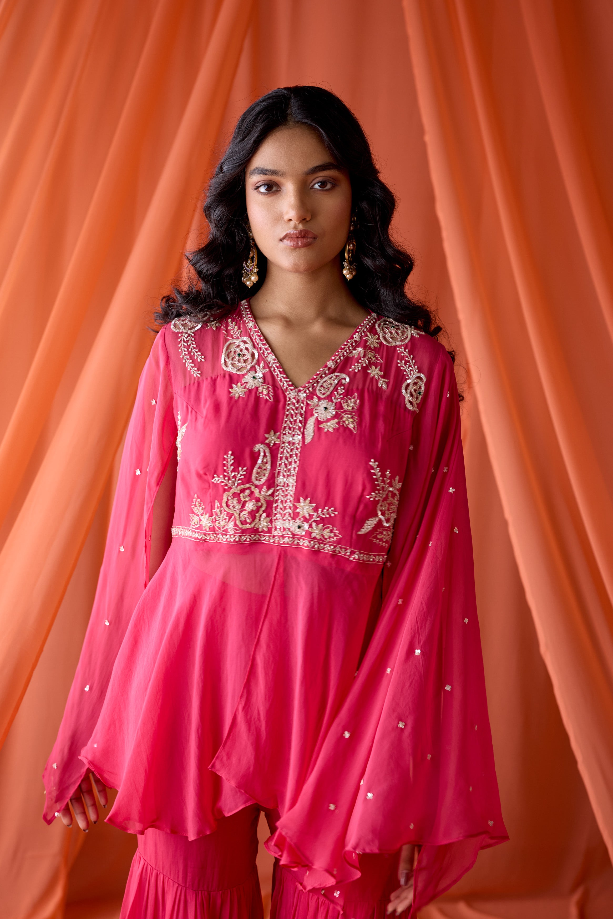 Rose Pink Embellished Organza Silk Sharara Set