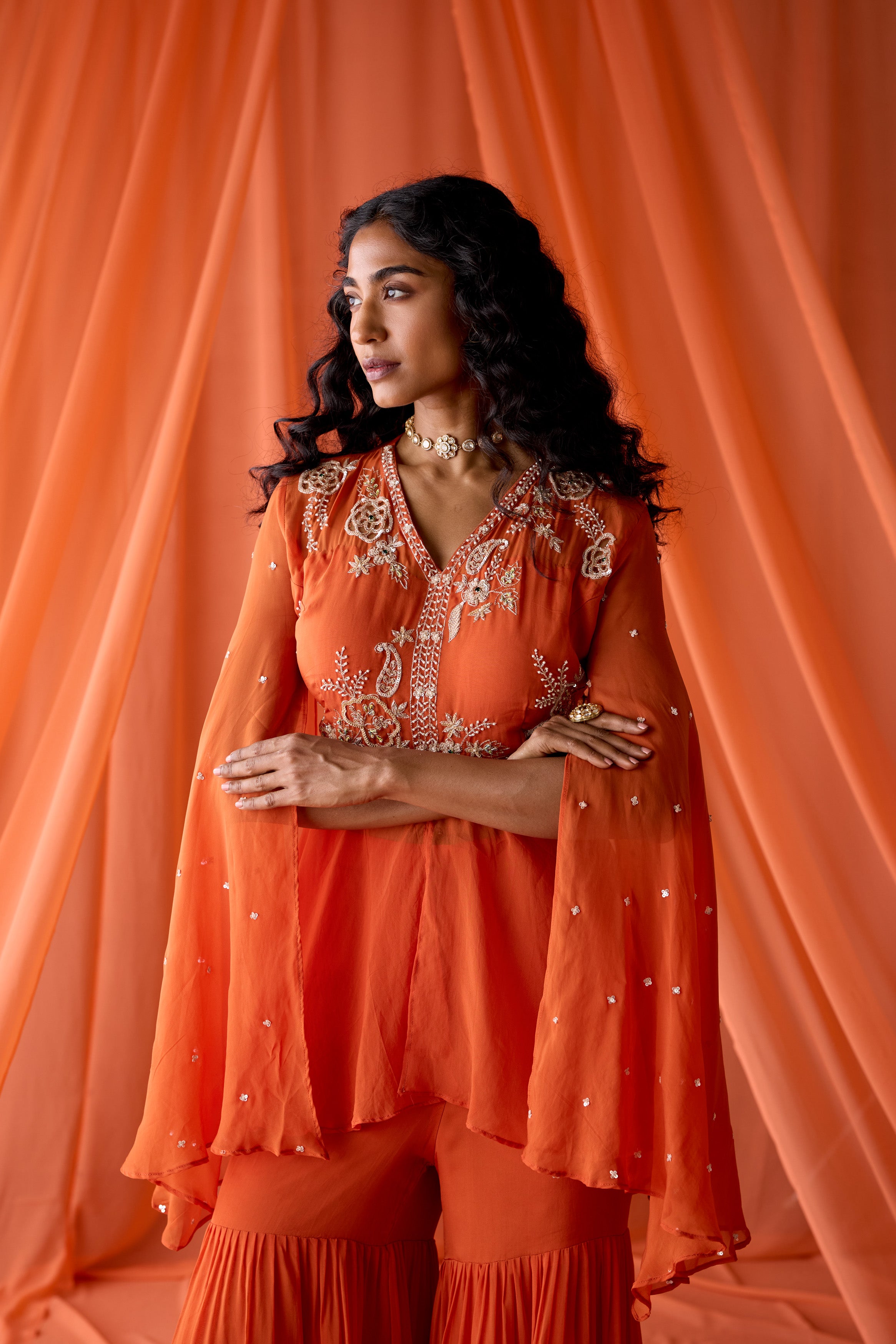 Rust Orange Embellished Organza Silk Sharara Set
