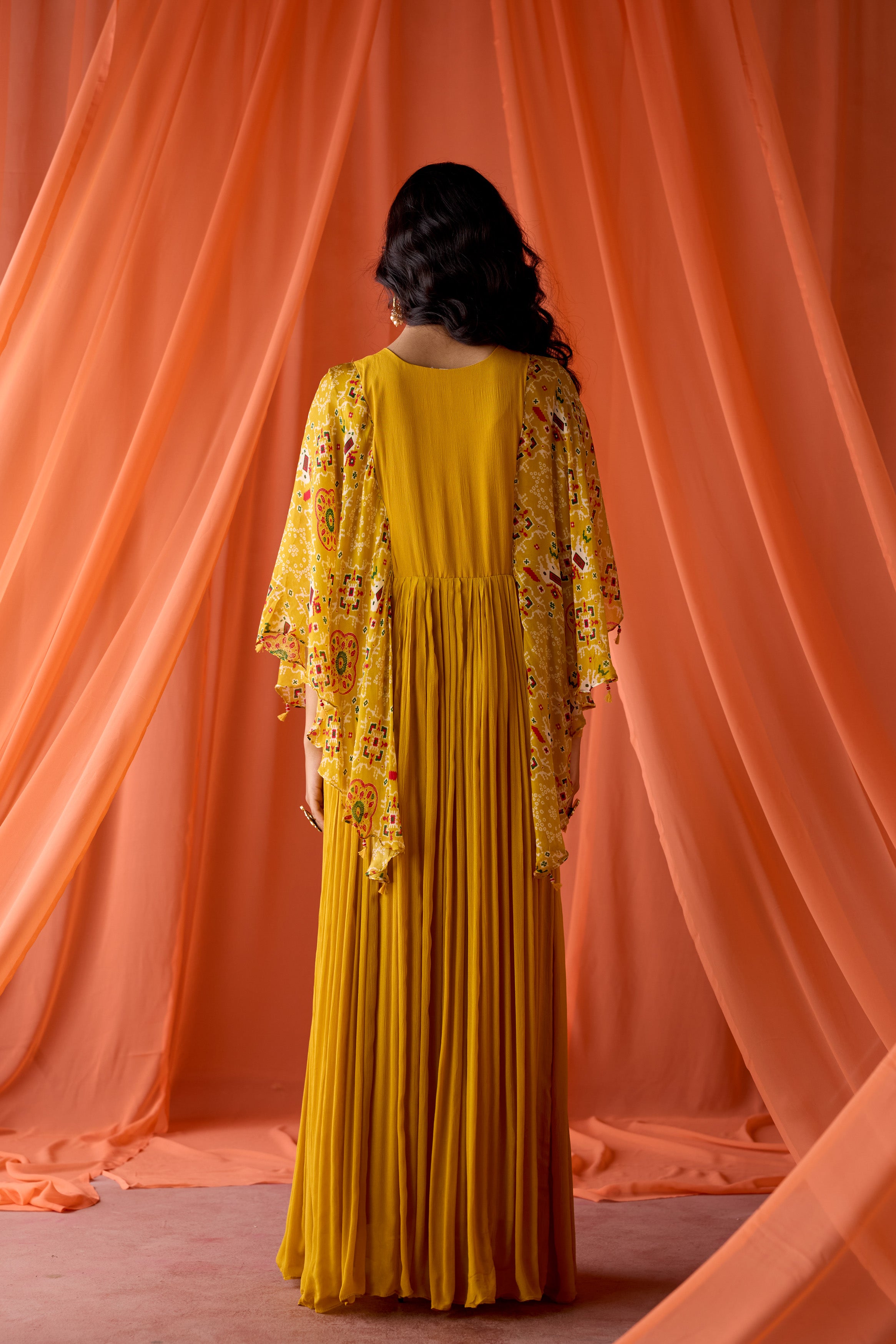 Mustard Yellow Embellished Chinon Silk Gown