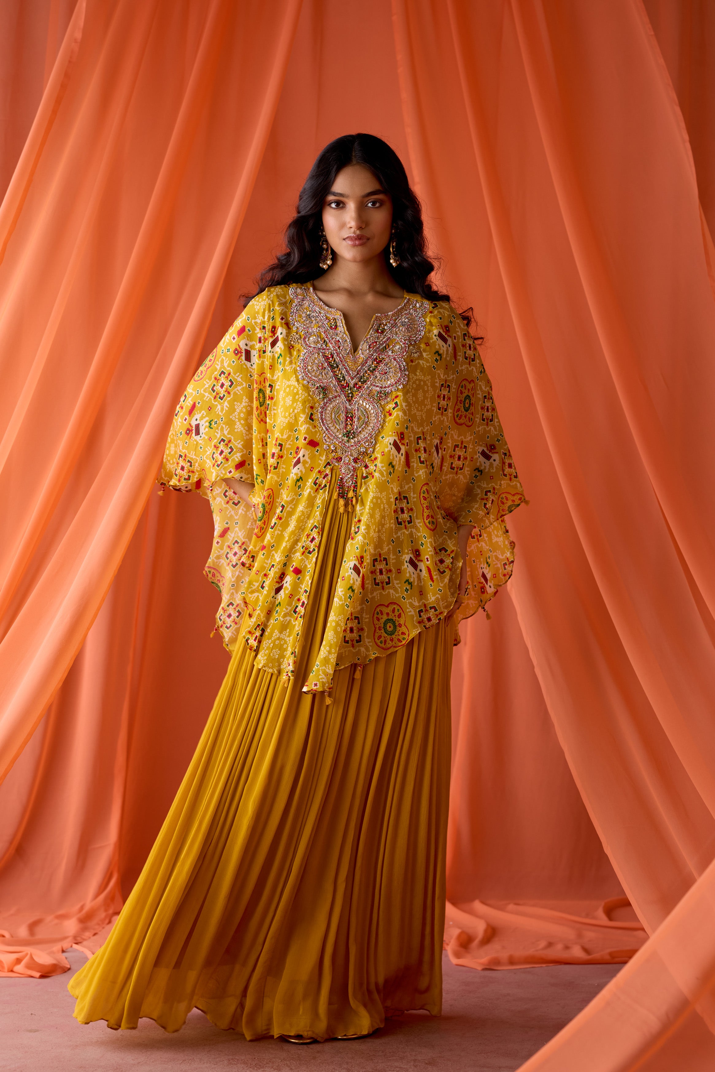 Mustard Yellow Embellished Chinon Silk Gown