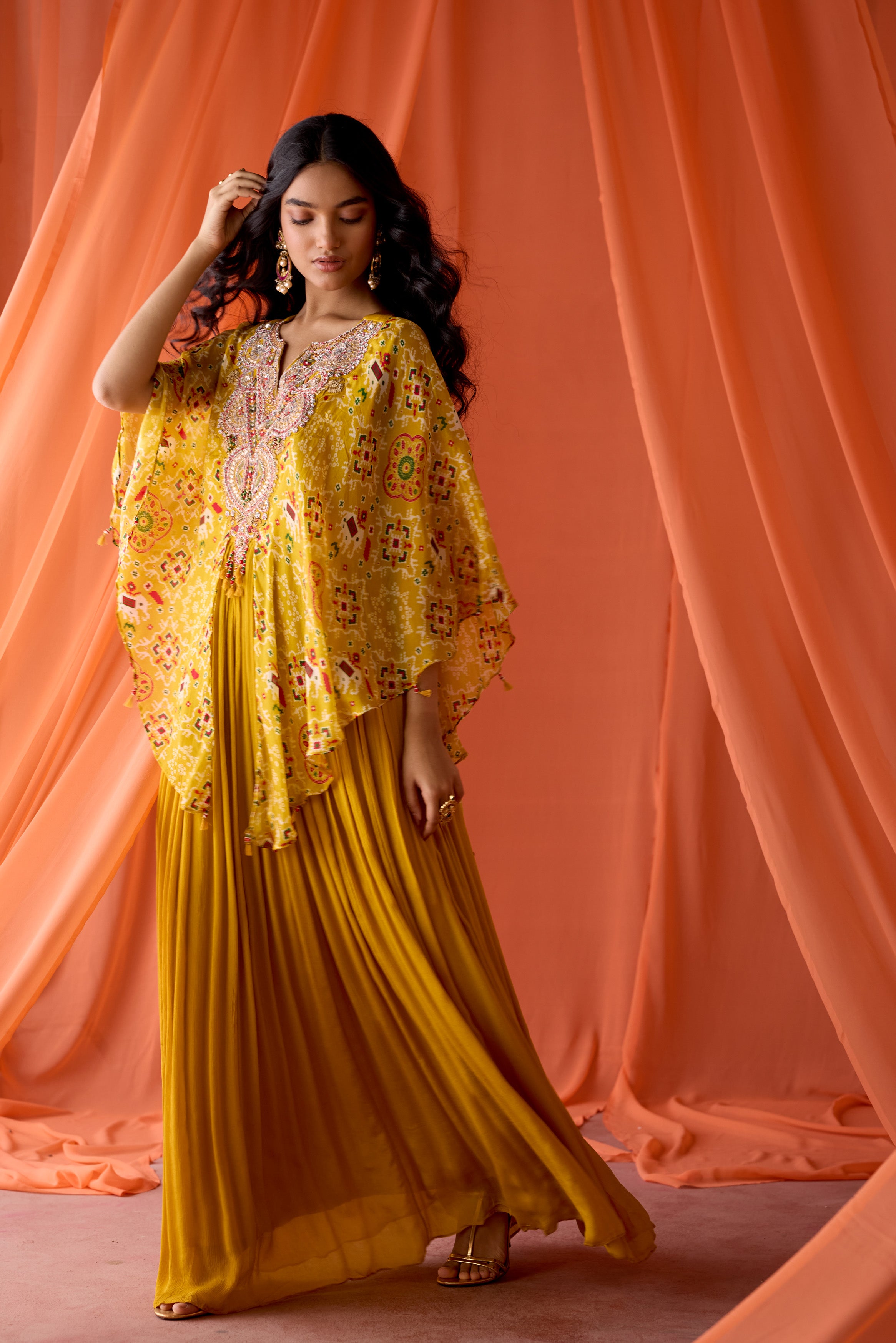 Mustard Yellow Embellished Chinon Silk Gown