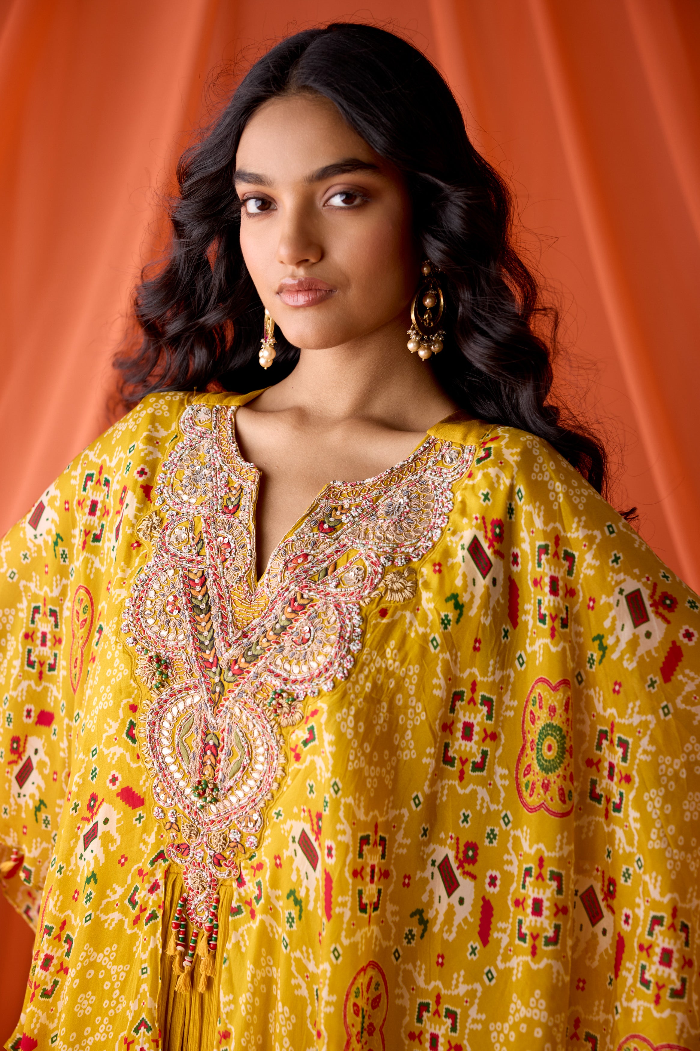 Mustard Yellow Embellished Chinon Silk Gown