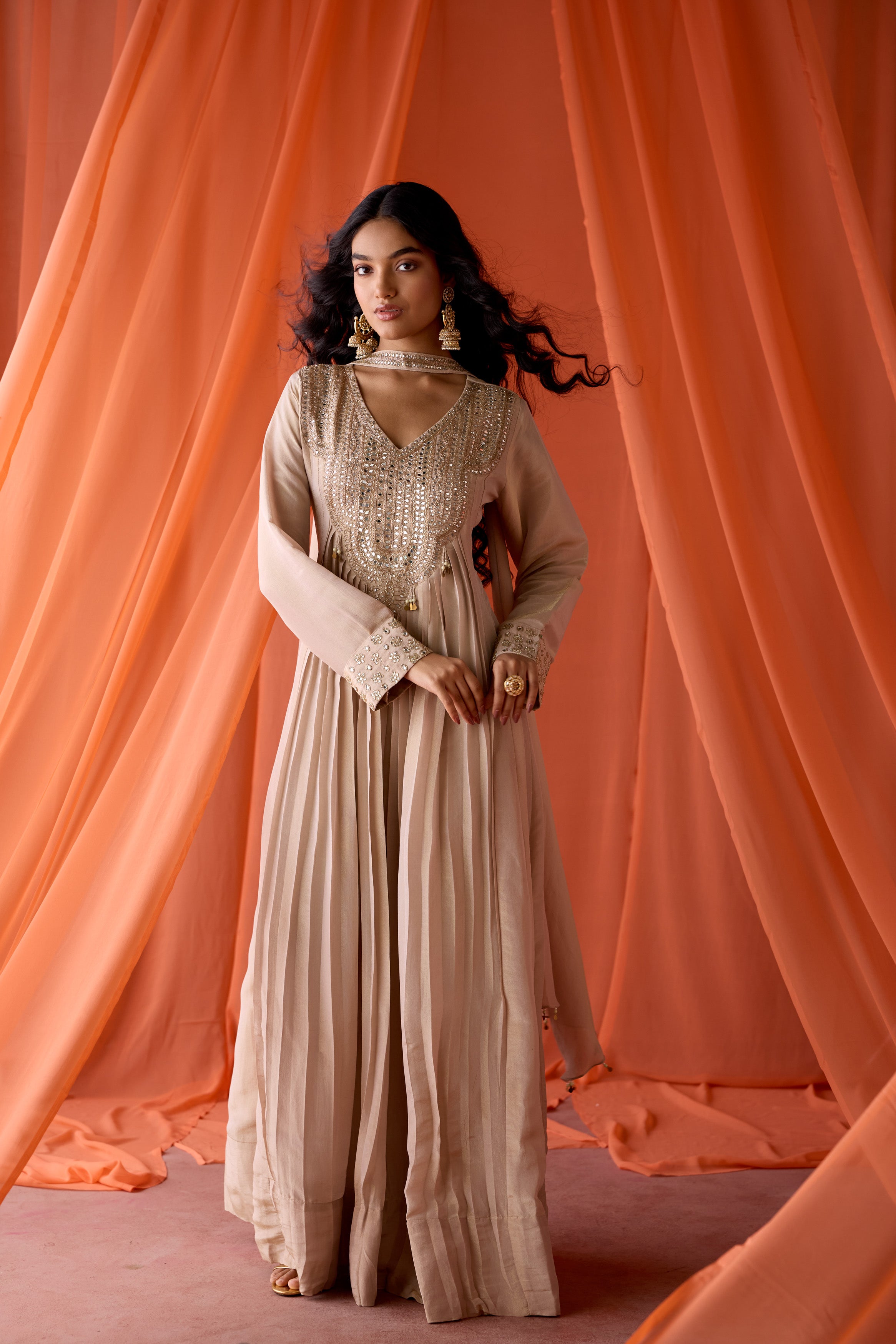 Camel Beige Embellished Shimmer Organza Silk Anarkali Set